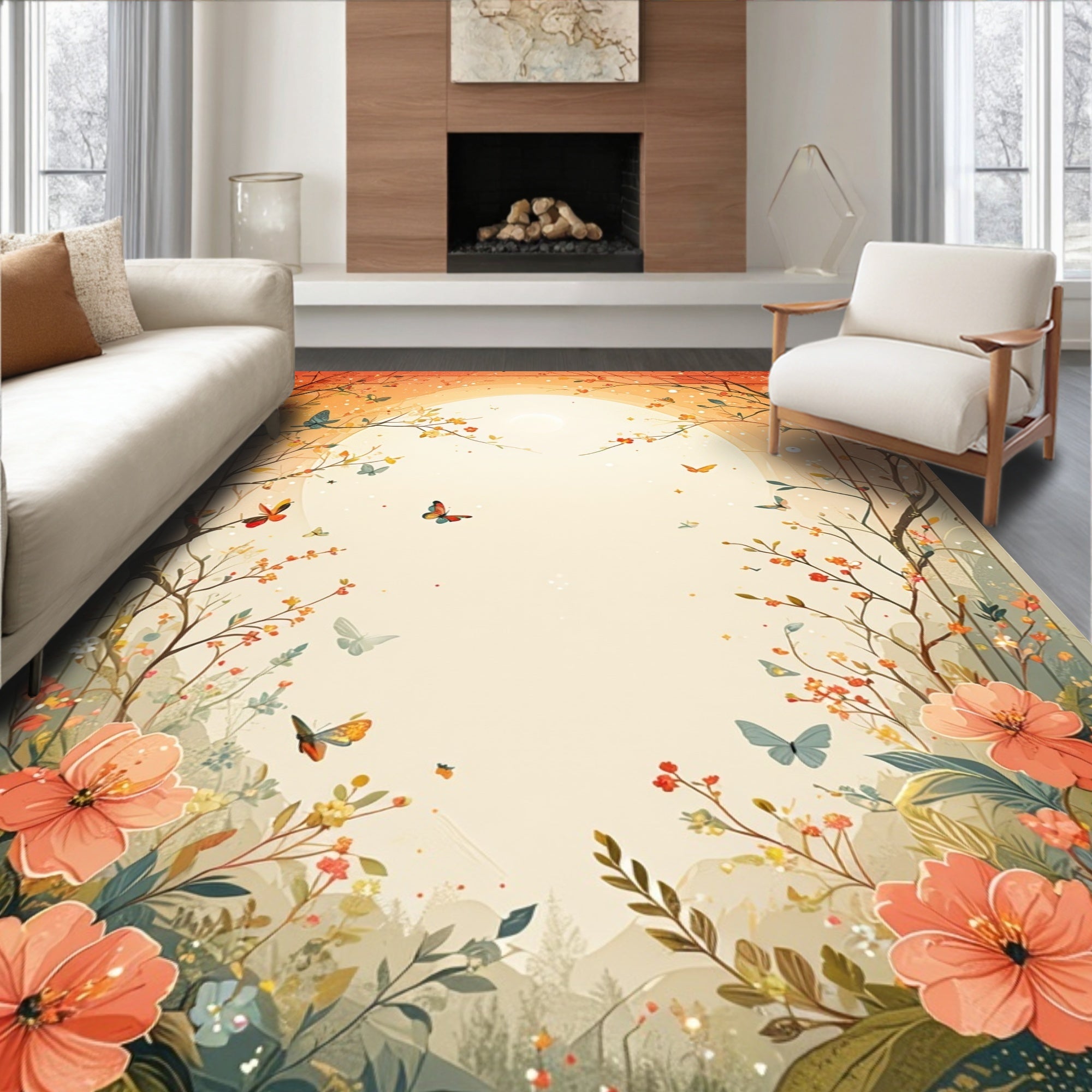 Spring Blossom Butterfly Garden Design Rug
