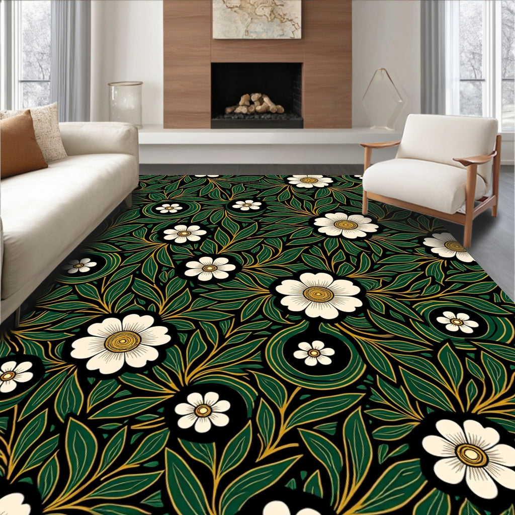 Art Nouveau Black White Floral Emerald Leaves Rug