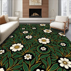 Art Nouveau Black White Floral Emerald Leaves Rug