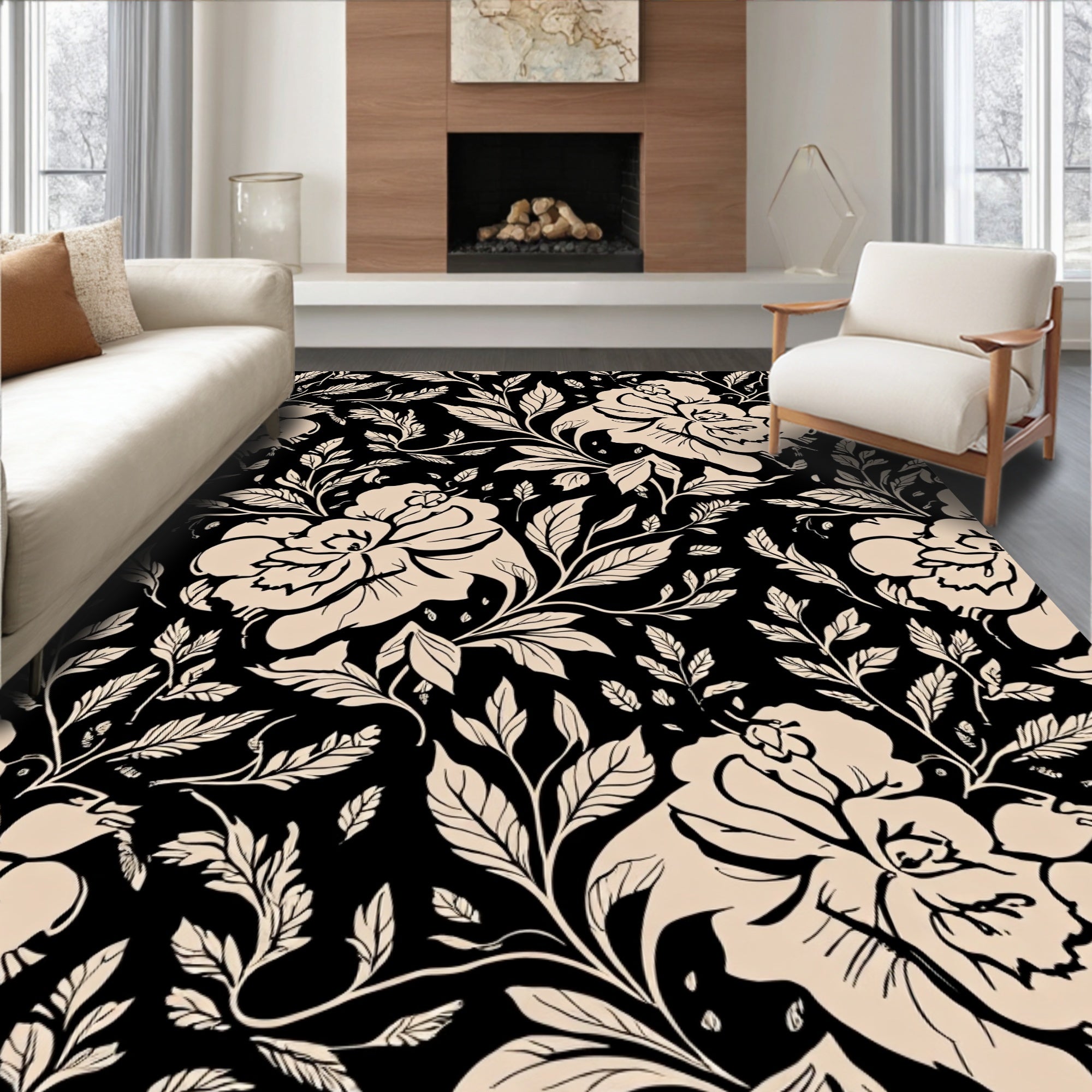 Elegant Floral Vine Black Beige Design Rug