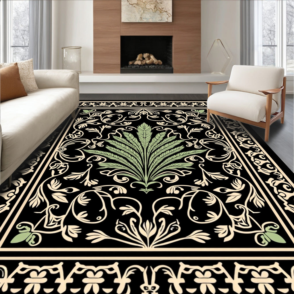 Art Nouveau Floral Scrollwork Black Rug