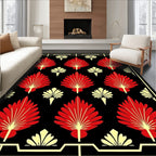 Red Yellow Fan Leaf Border Rug