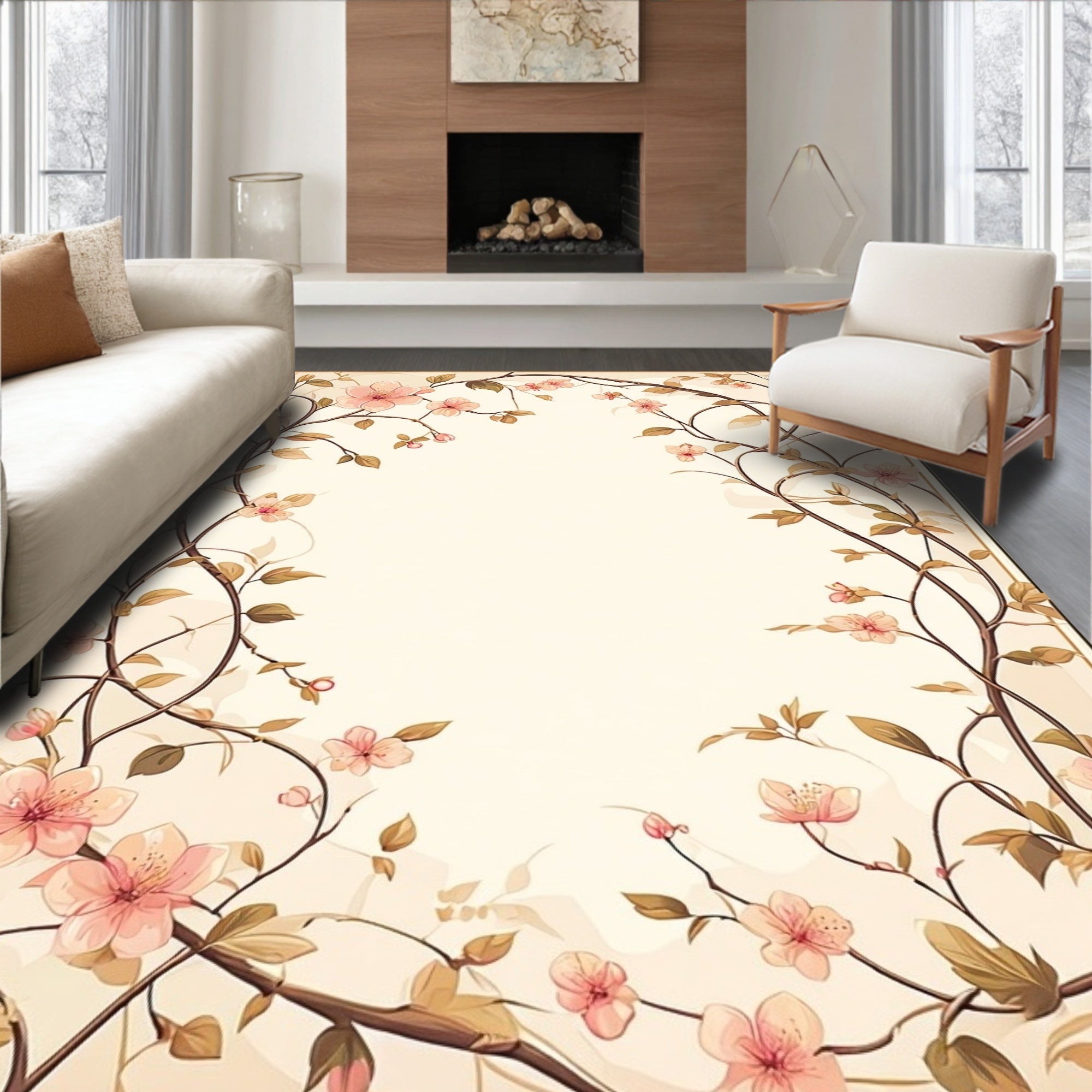 Delicate Pink Floral Vine Pattern Rug