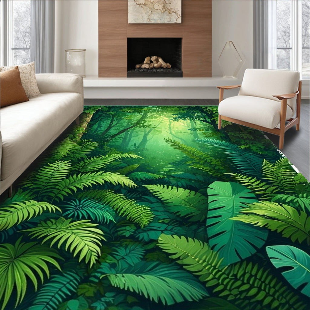 Lush Forest Green Fern Pattern Rug