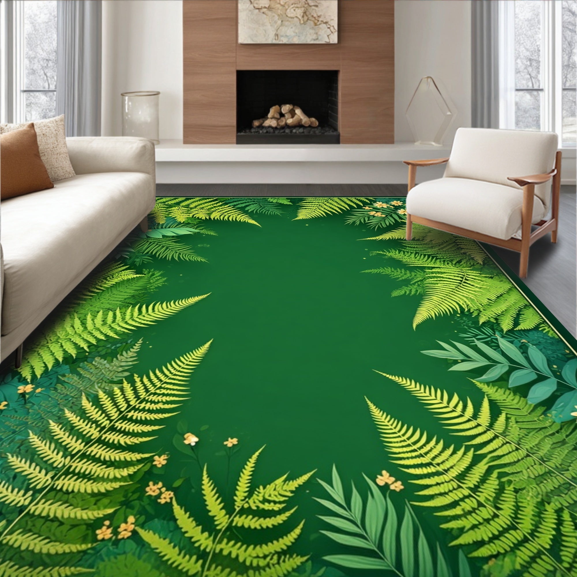 Lush Green Fern Forest Pattern Rug