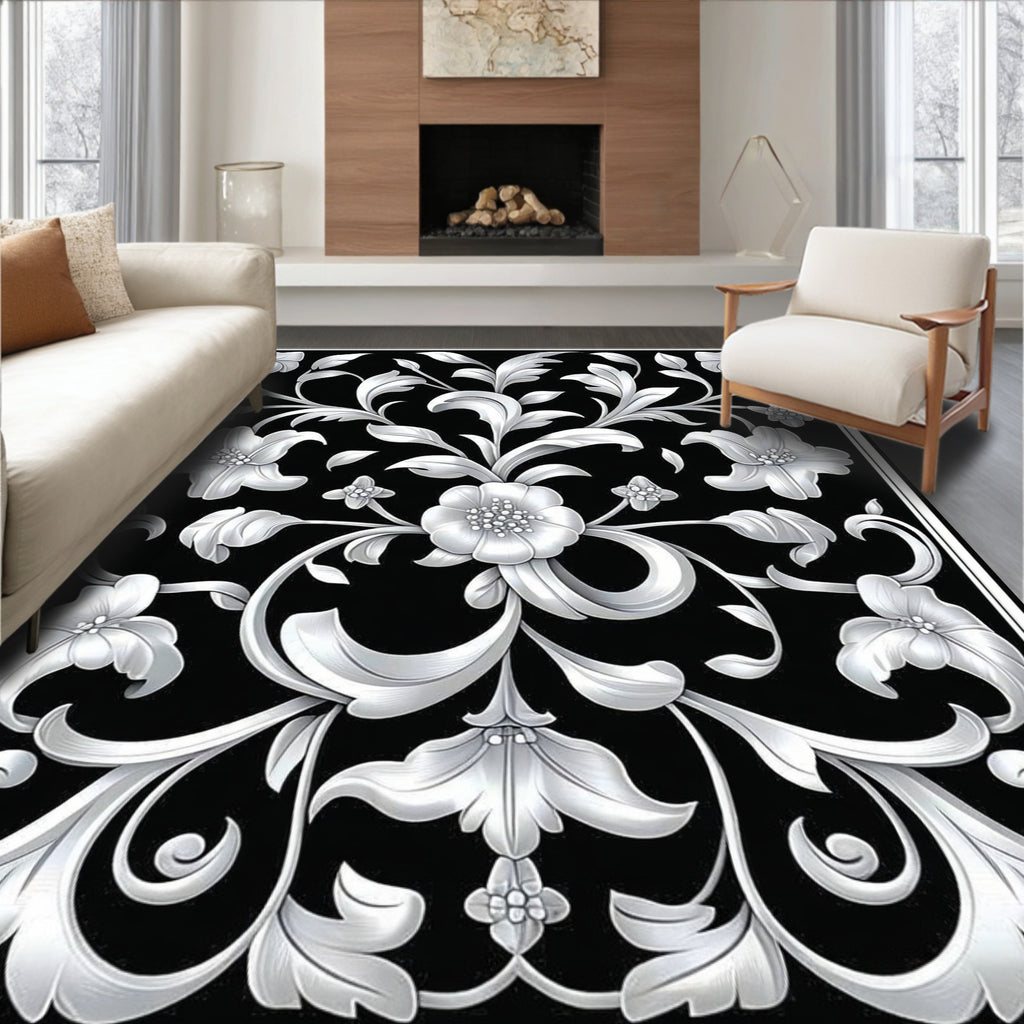 Black White Floral Acanthus Scroll Rug
