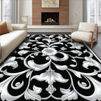 Black White Floral Acanthus Scroll Rug