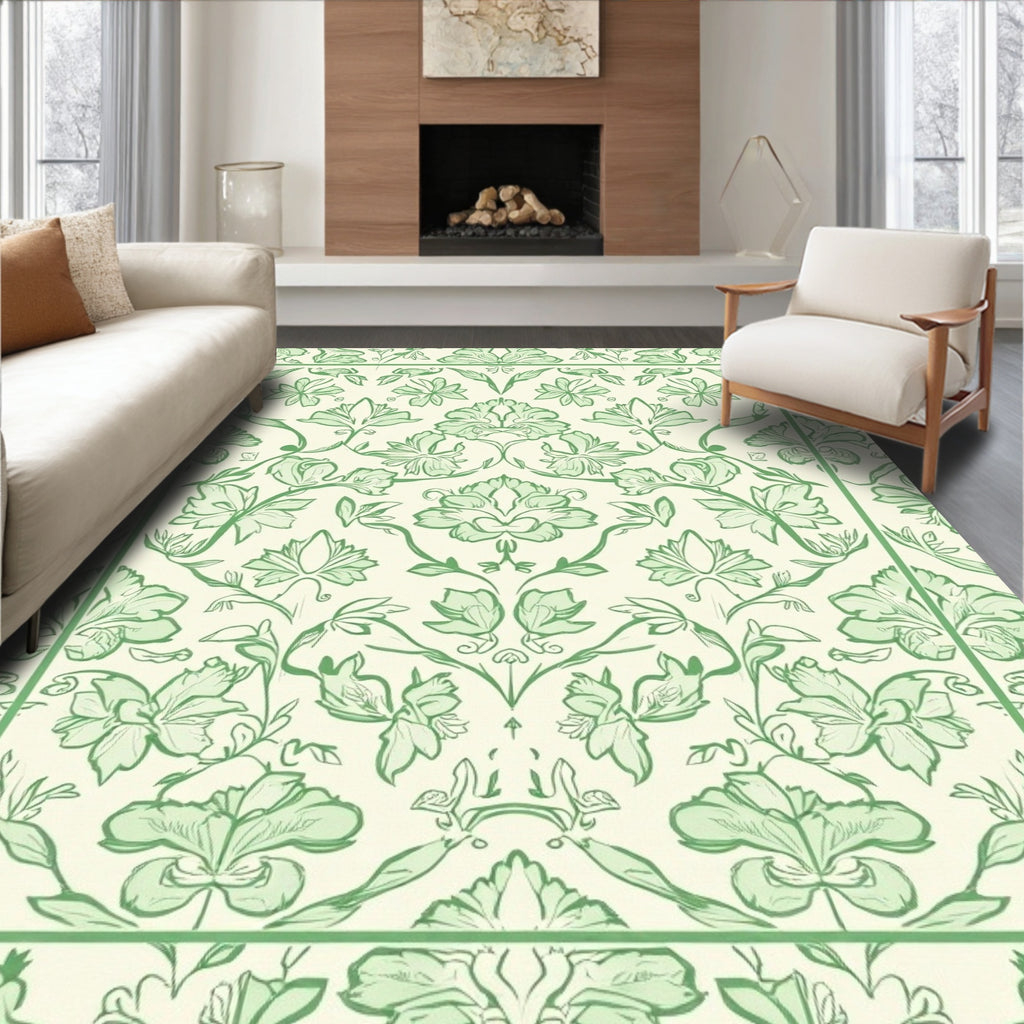 Ornate Green Botanical Floral Pattern Rug