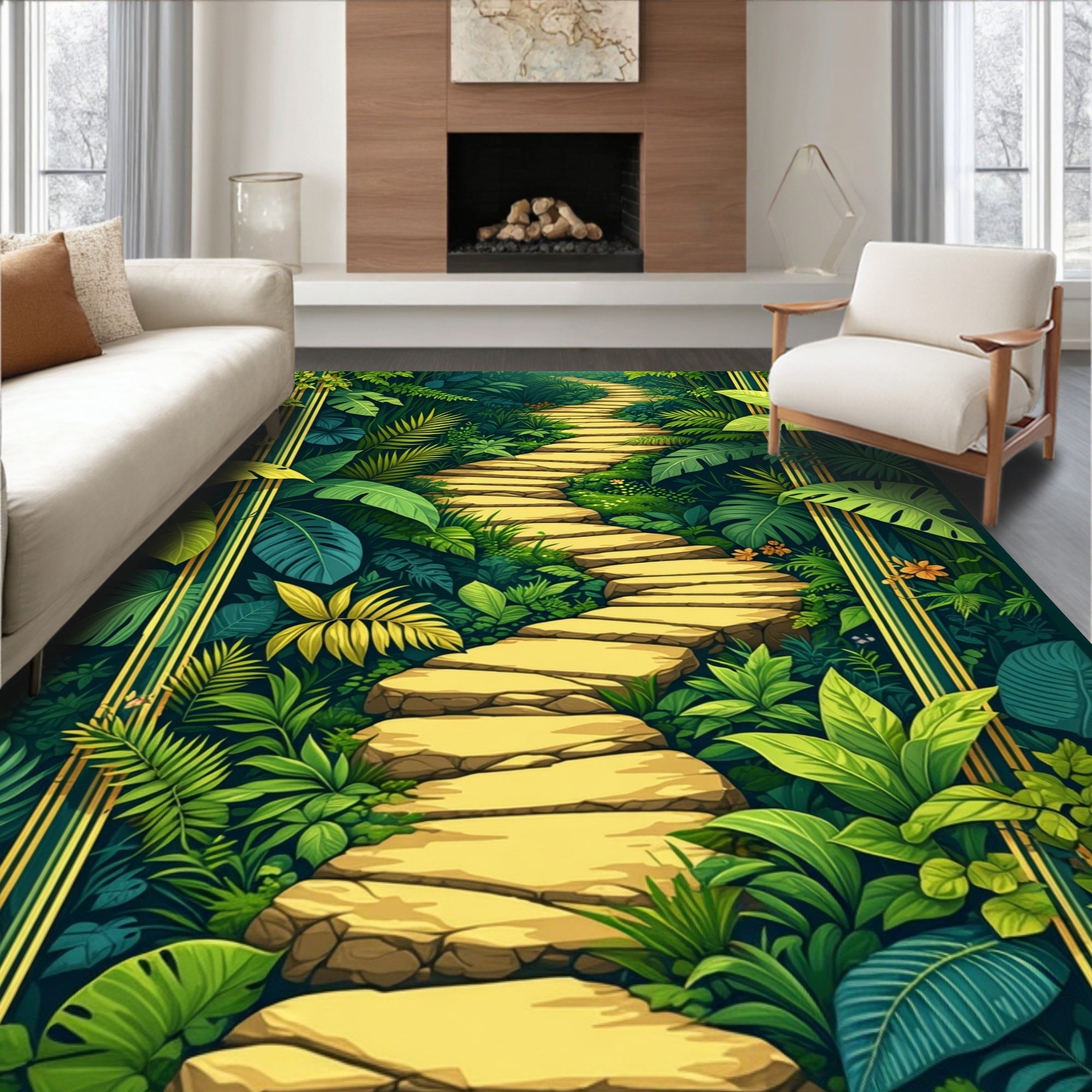 Lush Tropical Garden Stone Path Rug