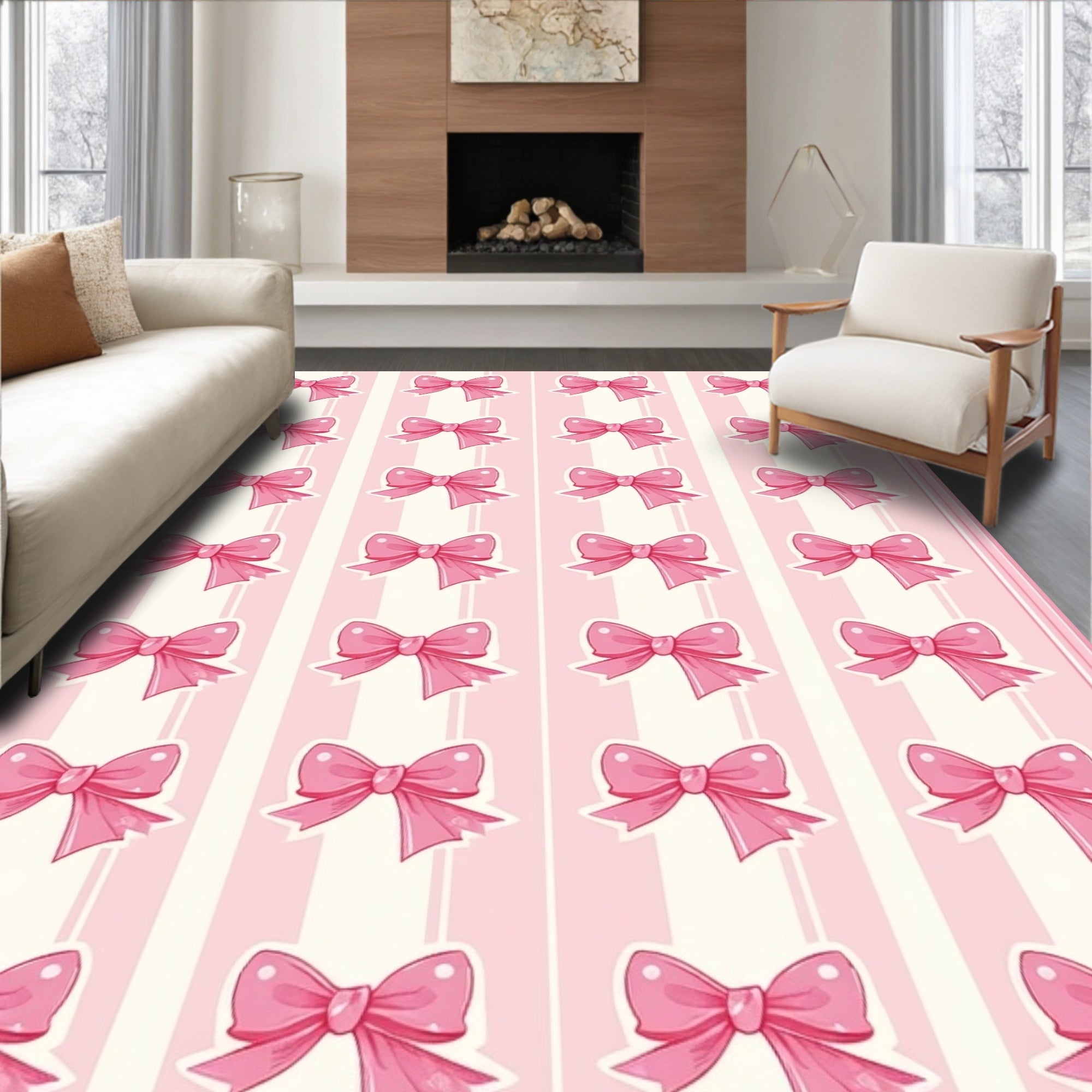 Pink Bow Pattern With Stripes Rug
