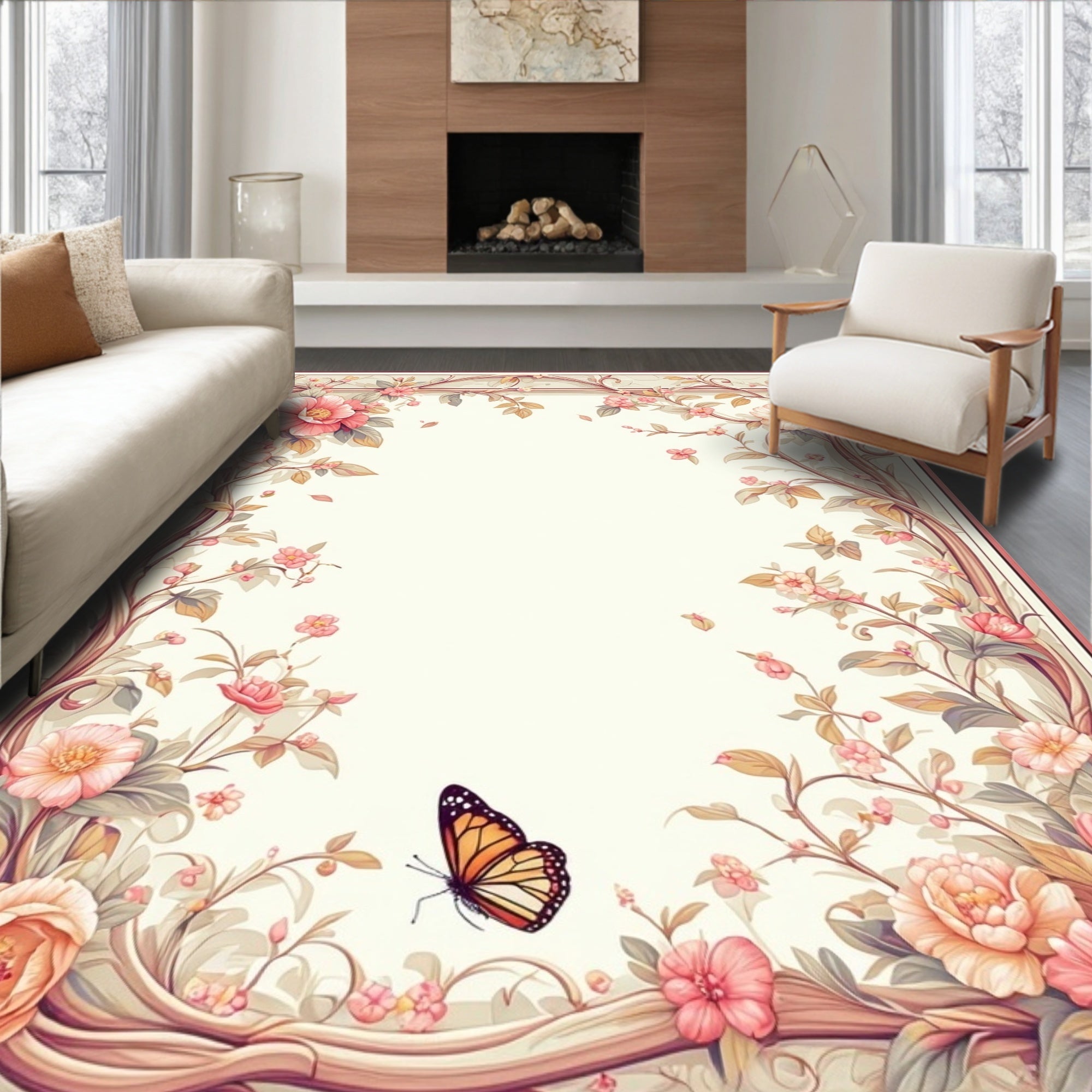Floral Vine Pattern With Butterfly Accent Rug