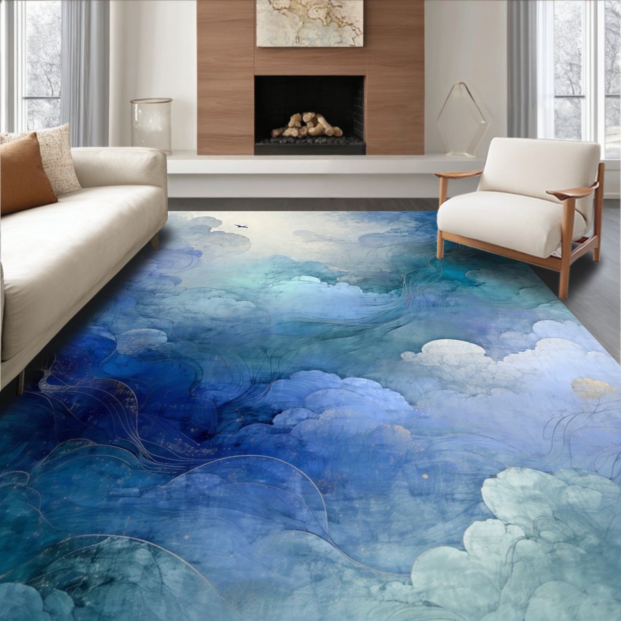 Dreamy Blue Cloudscape With Gold Lines Rug