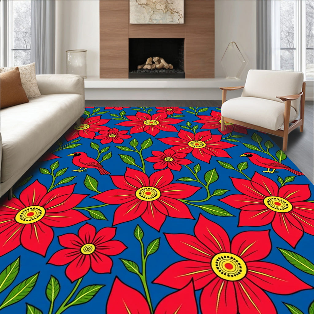 Vibrant Red Floral Cardinal Harmony Rug