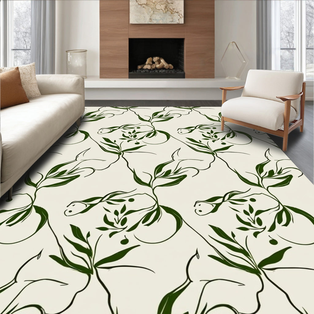 Dark Green Botanical Abstract Design Rug
