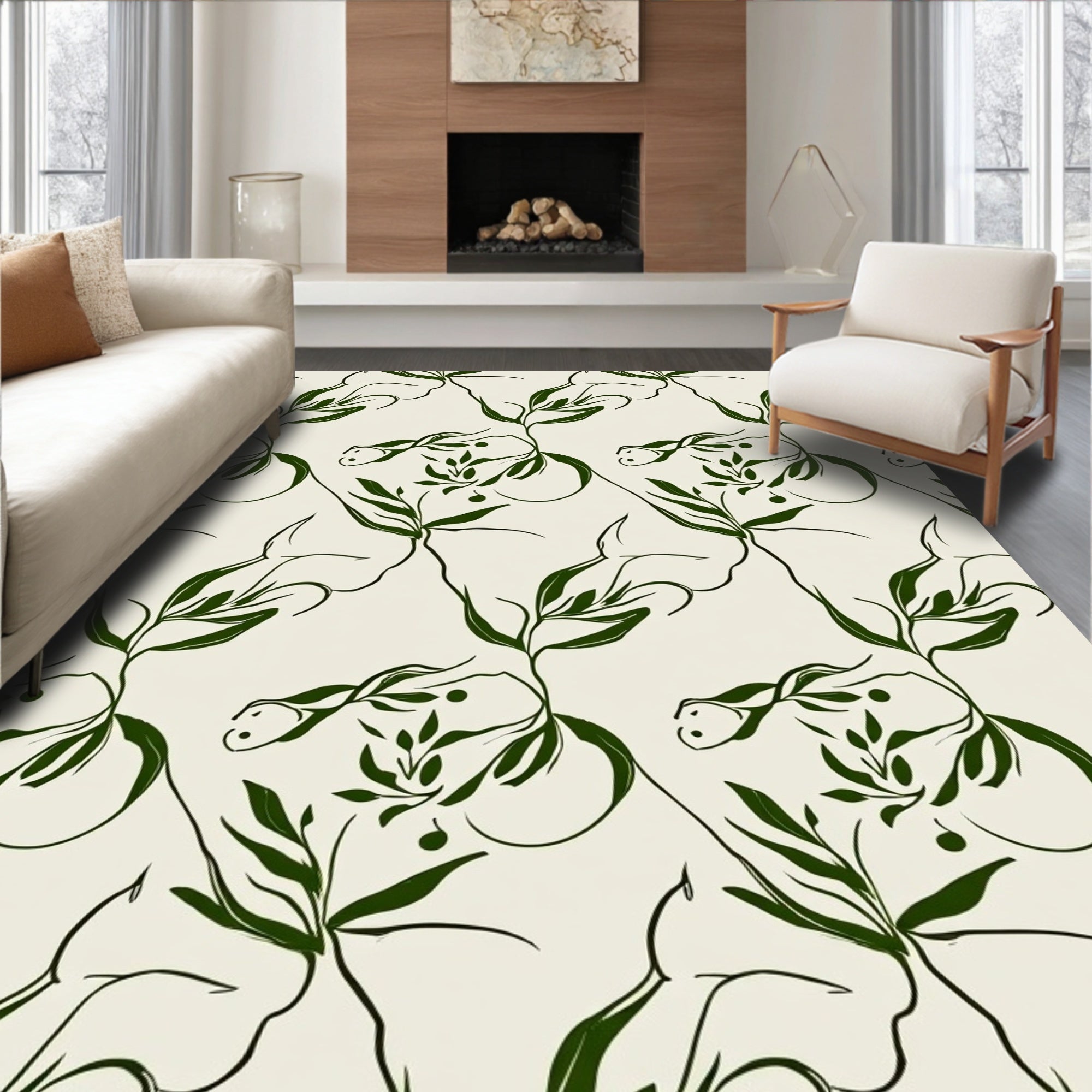 Dark Green Botanical Abstract Design Rug