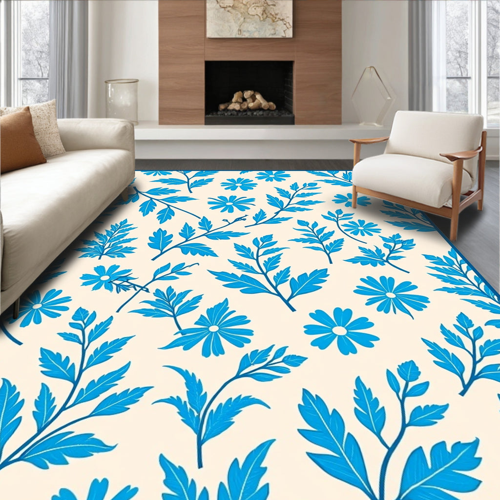 Blue Floral Branch Pattern Rug