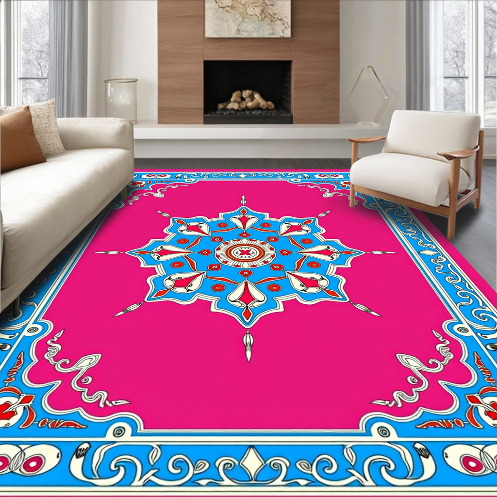 Vibrant Pink Blue Medallion Frame Art Rug