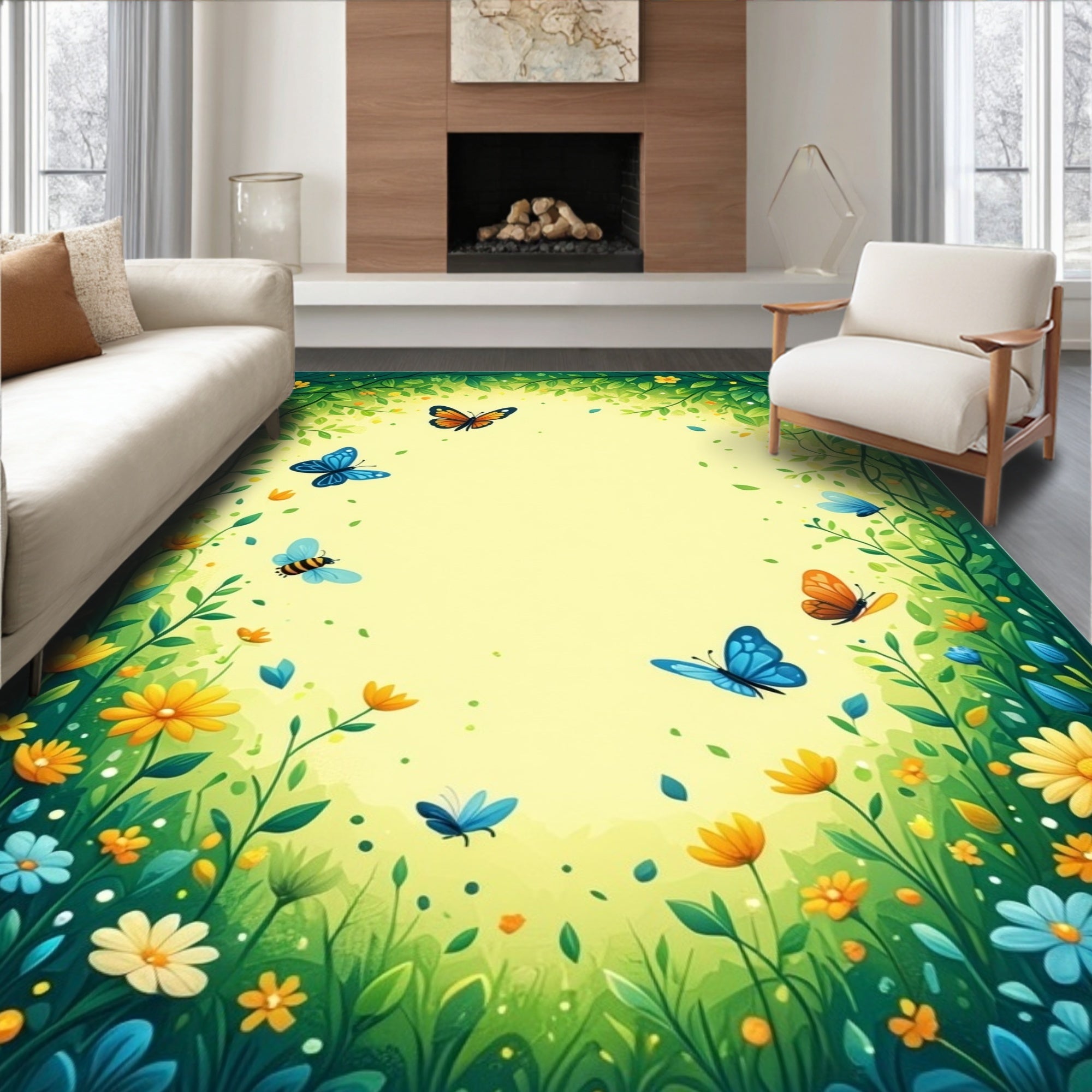 Whimsical Garden Butterflies and Blossoms Rug