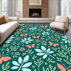 Coral Butterfly Teal Floral Foliage Rug