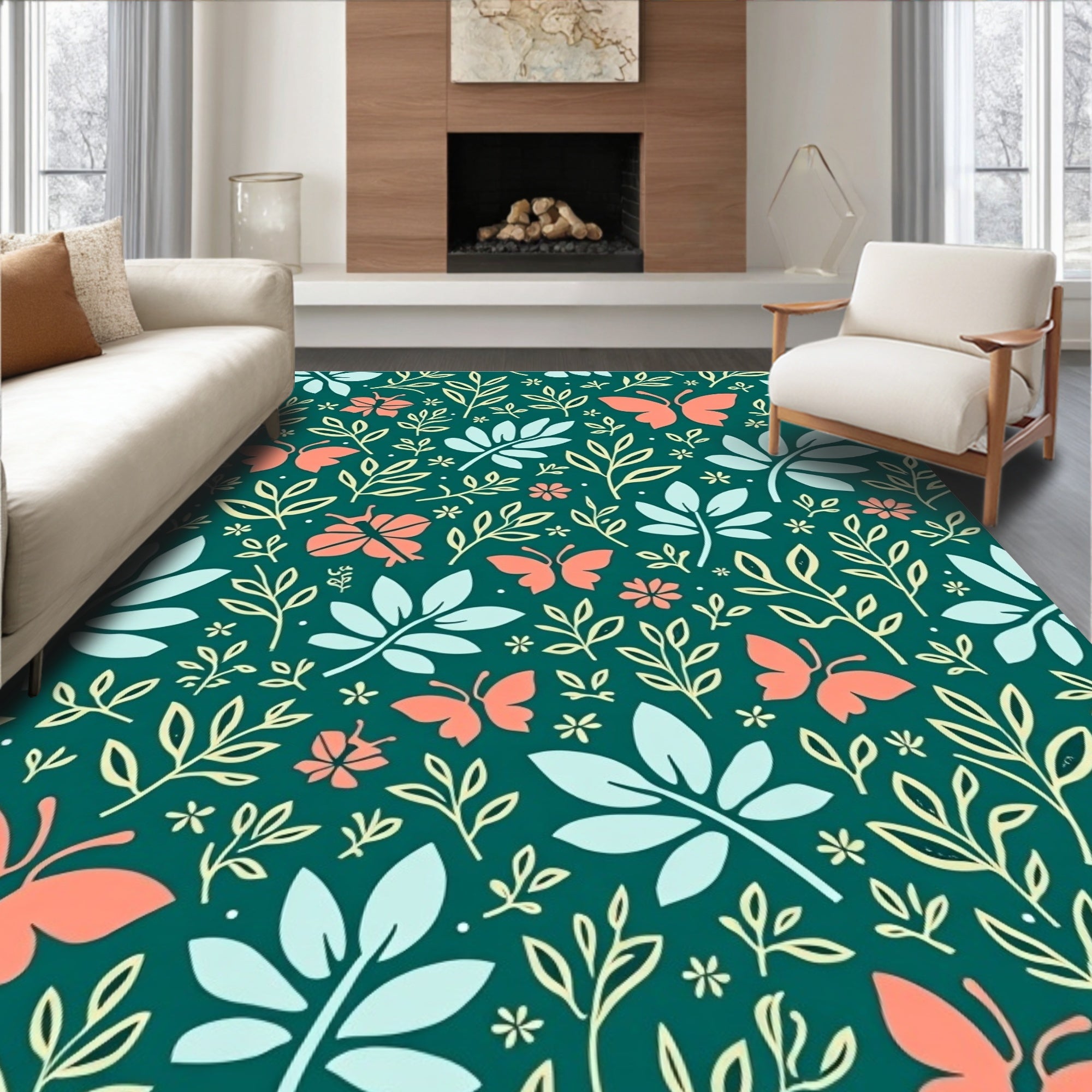 Coral Butterfly Teal Floral Foliage Rug