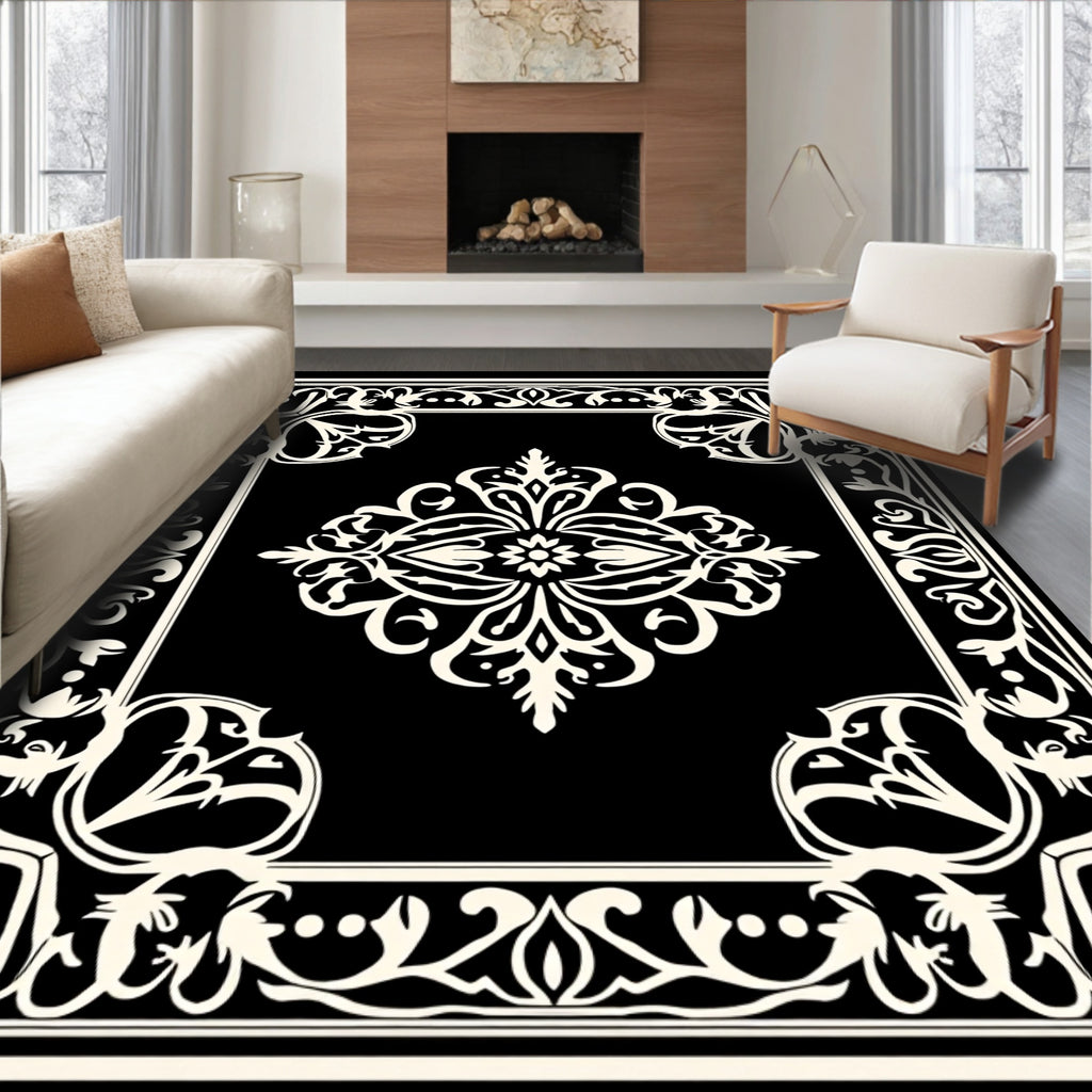 Elaborate Black And White Floral Design Rug
