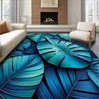 Deep Blue Tropical Leaf Pattern Rug