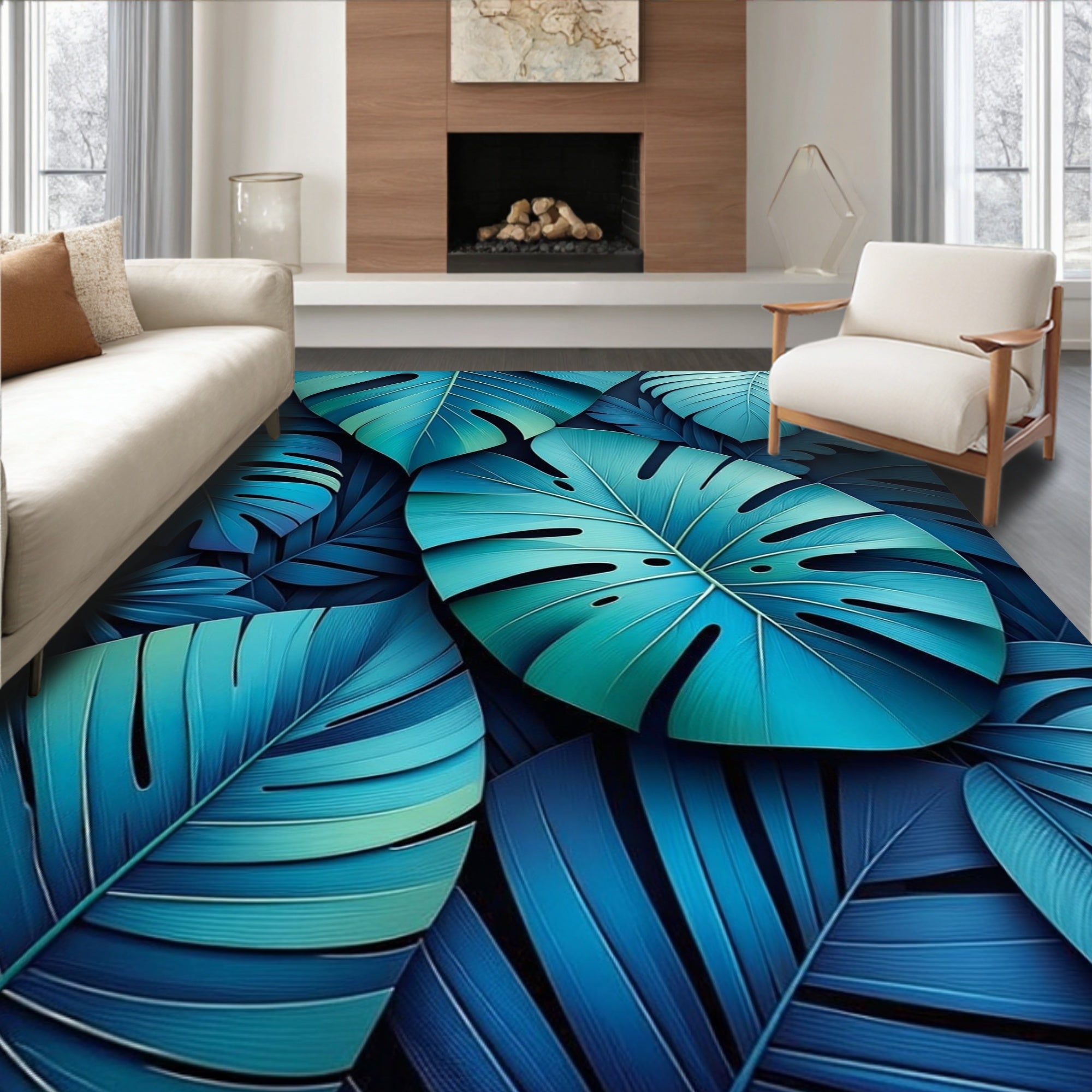 Deep Blue Tropical Leaf Pattern Rug