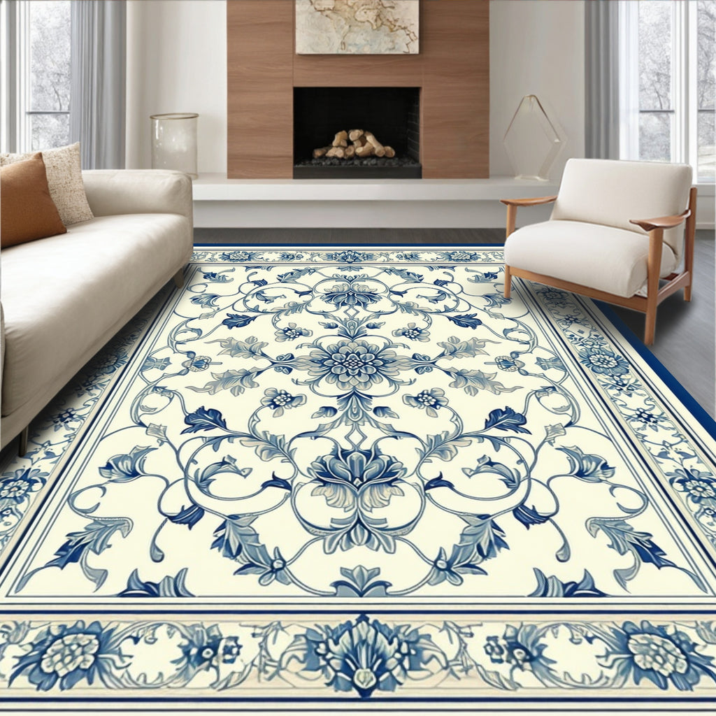 Vintage Blue Floral Damask Square Rug