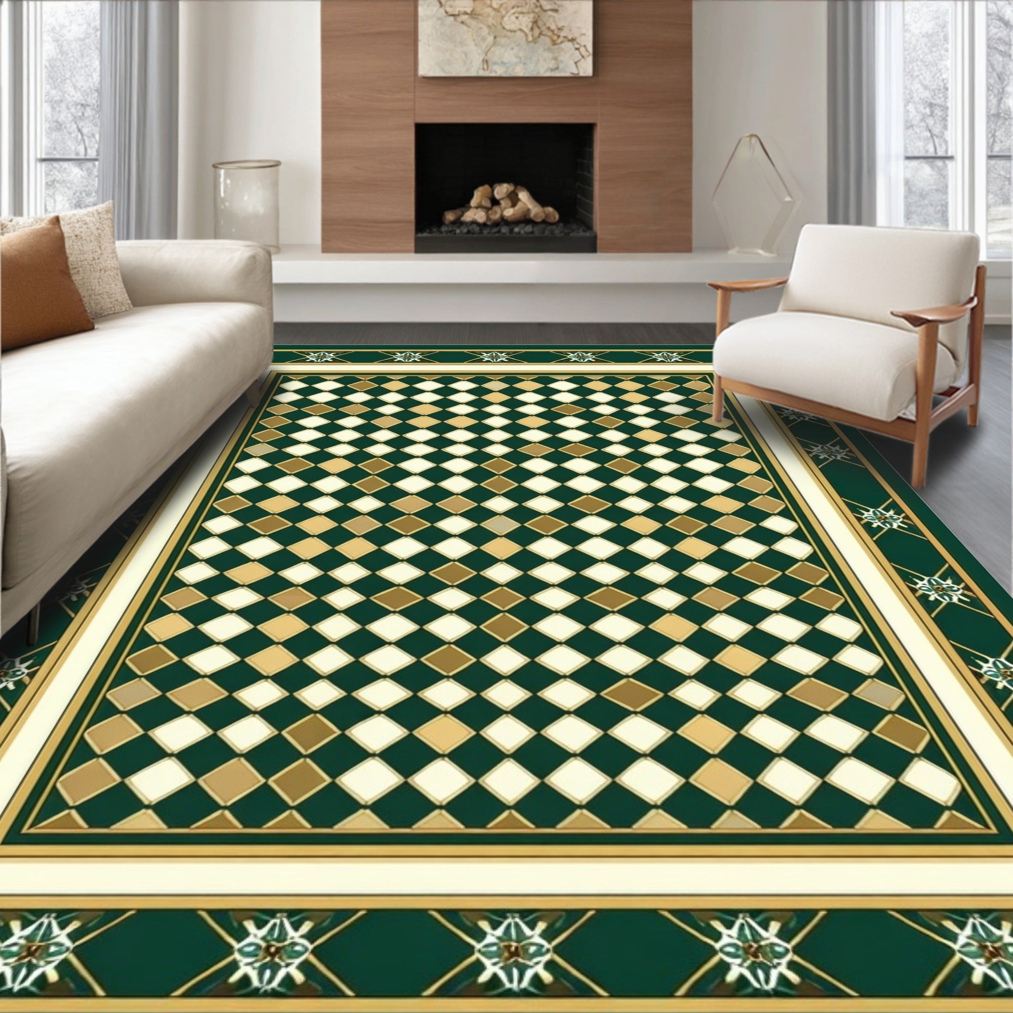 Green Gold Cream Diamond Pattern Rug