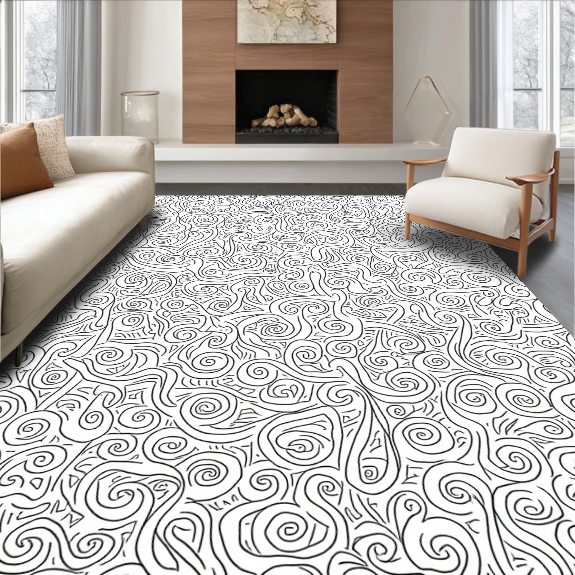 Whimsical Swirl Pattern Black White Rug
