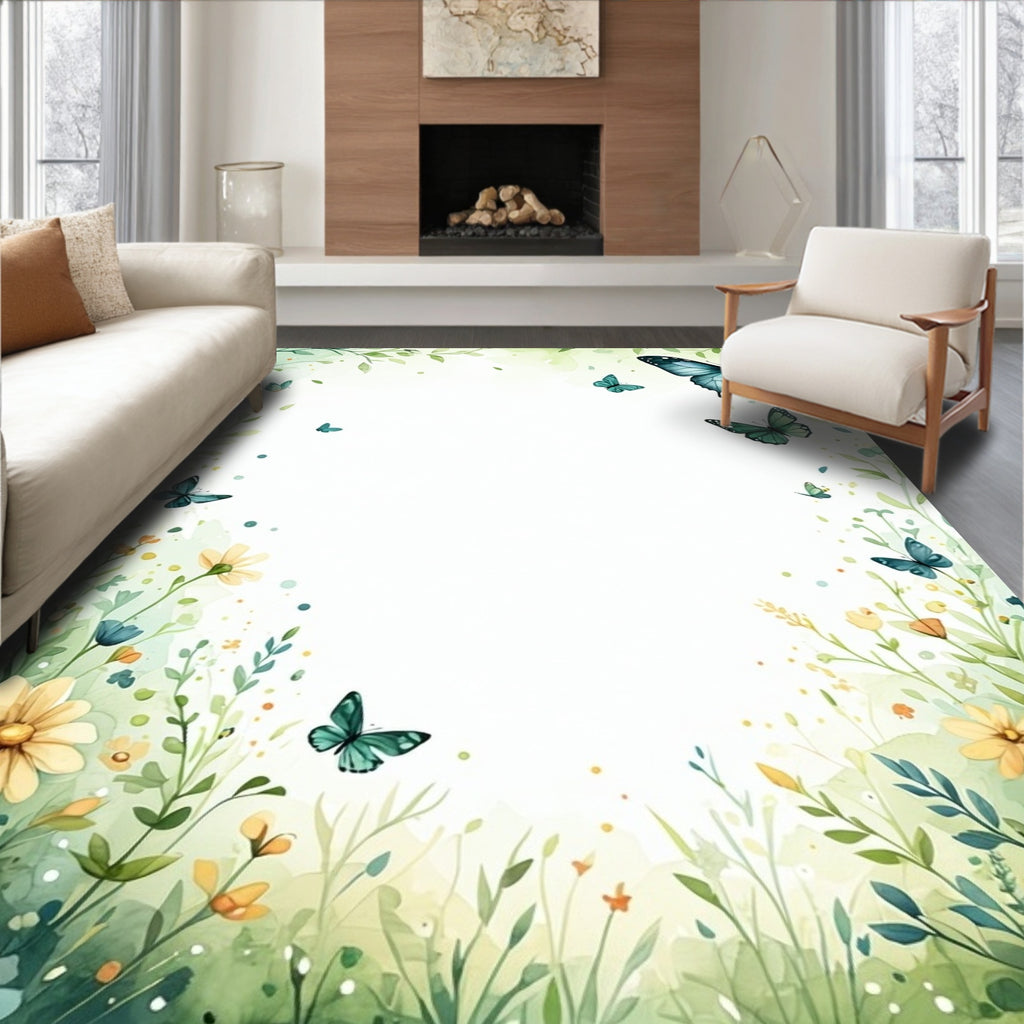 Whimsical Butterfly Meadow Watercolor Rug