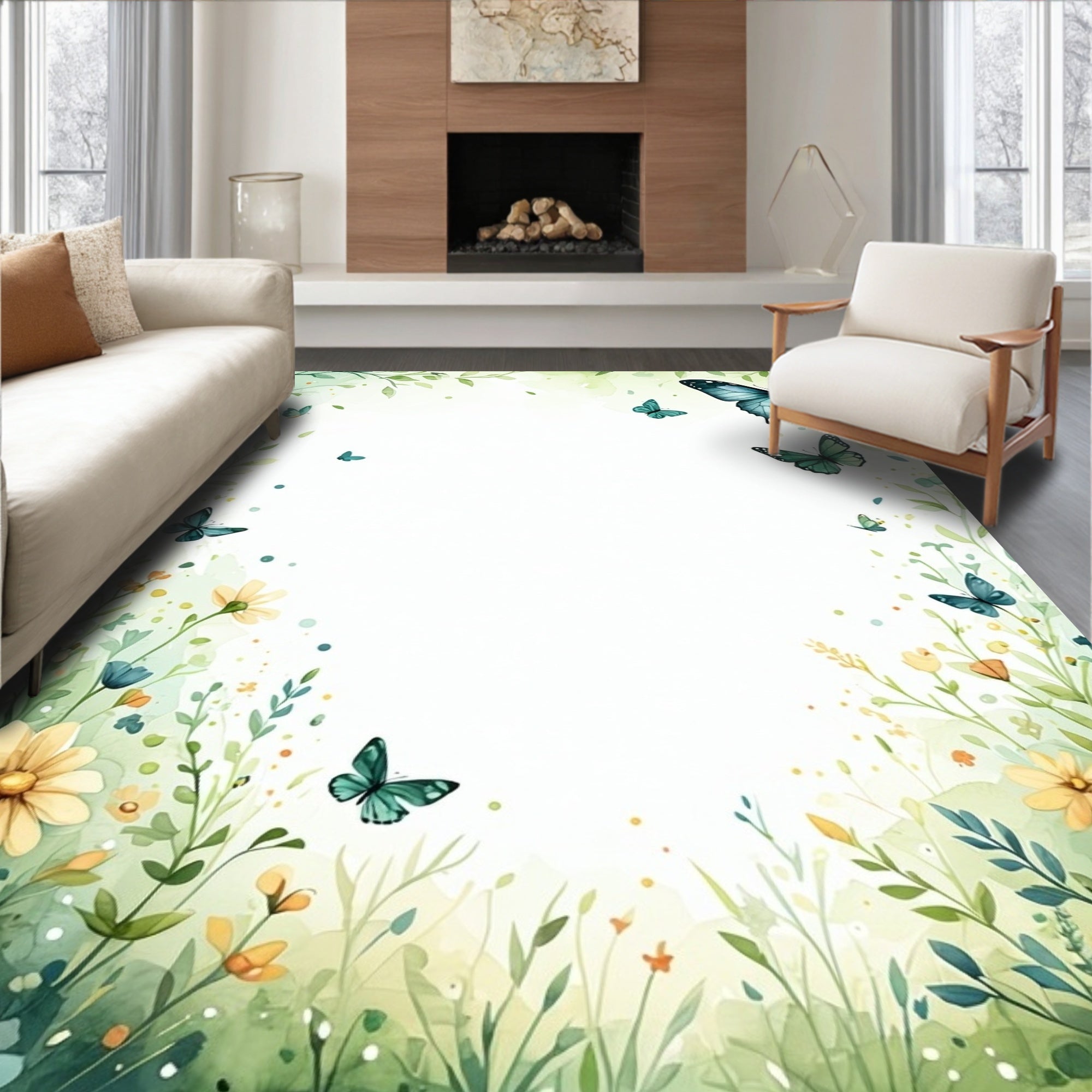 Whimsical Butterfly Meadow Watercolor Rug