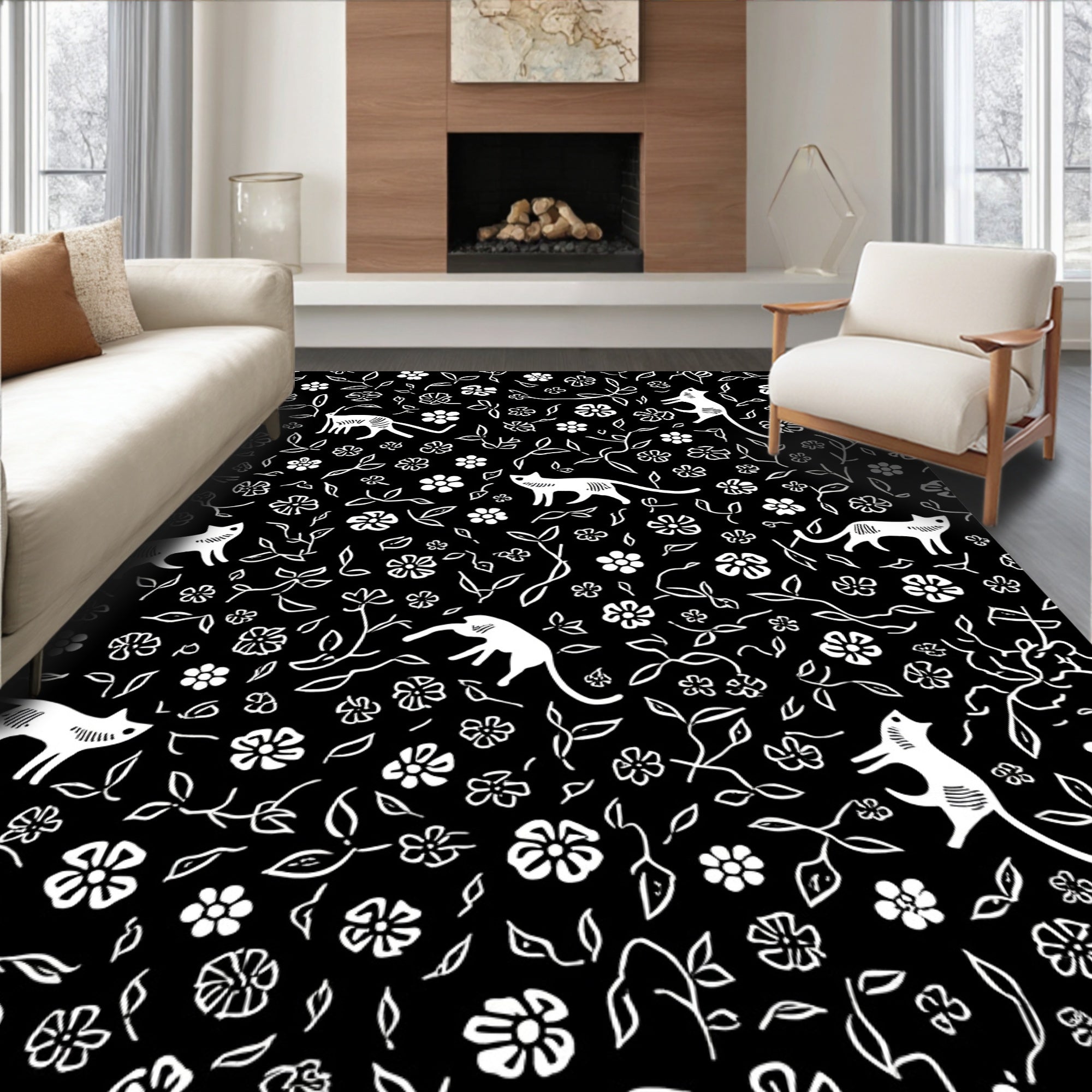Whimsical White Cat Floral Pattern Rug