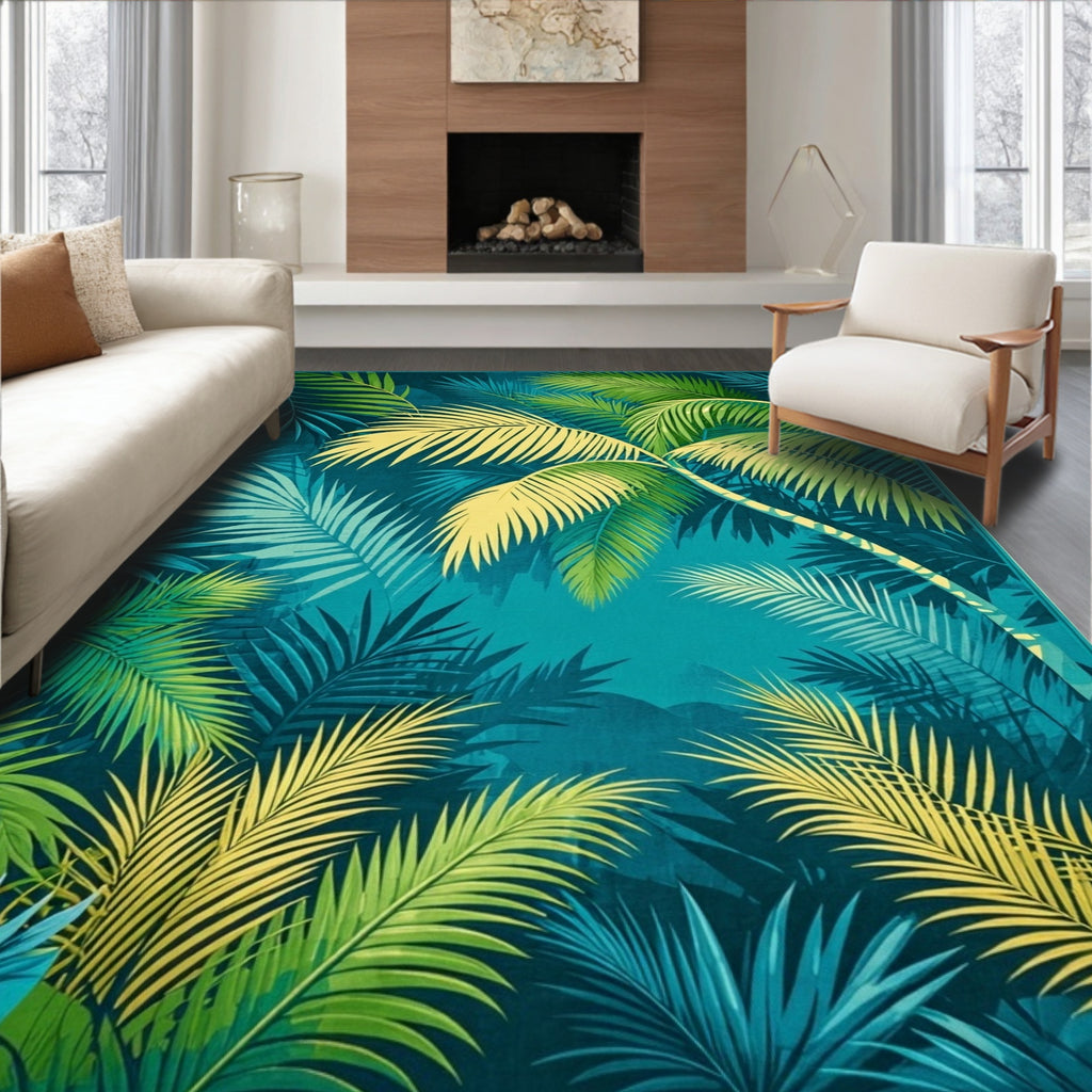 Tropical Jungle Leaf Pattern Teal Rug
