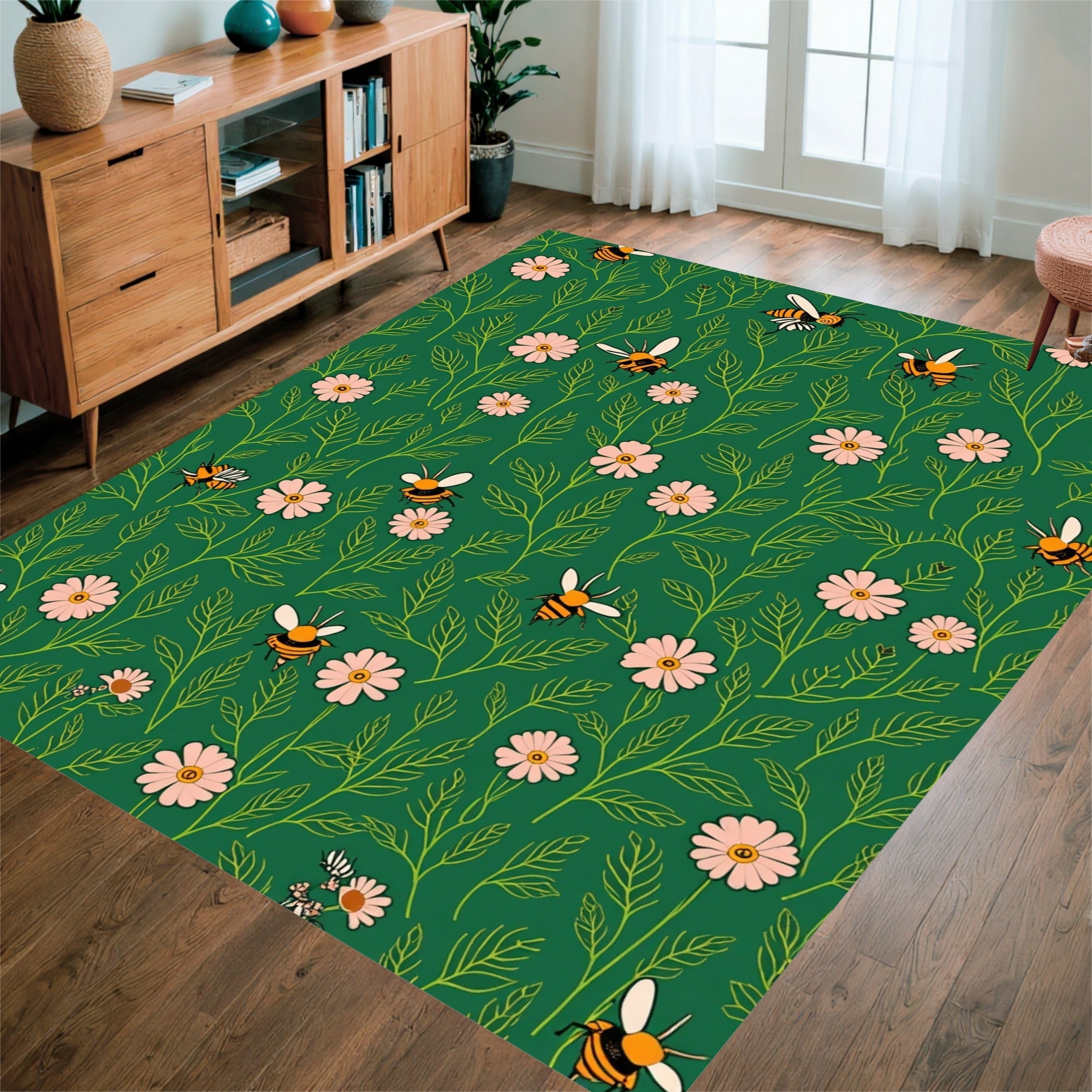 Whimsical Bees Floral Pattern Rug