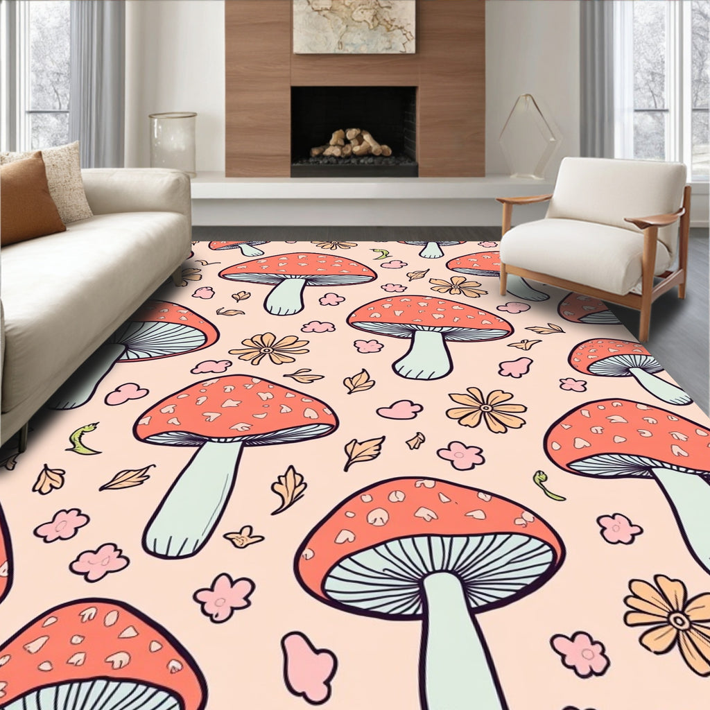 Whimsical Woodland Mushroom Flower Pattern Rug