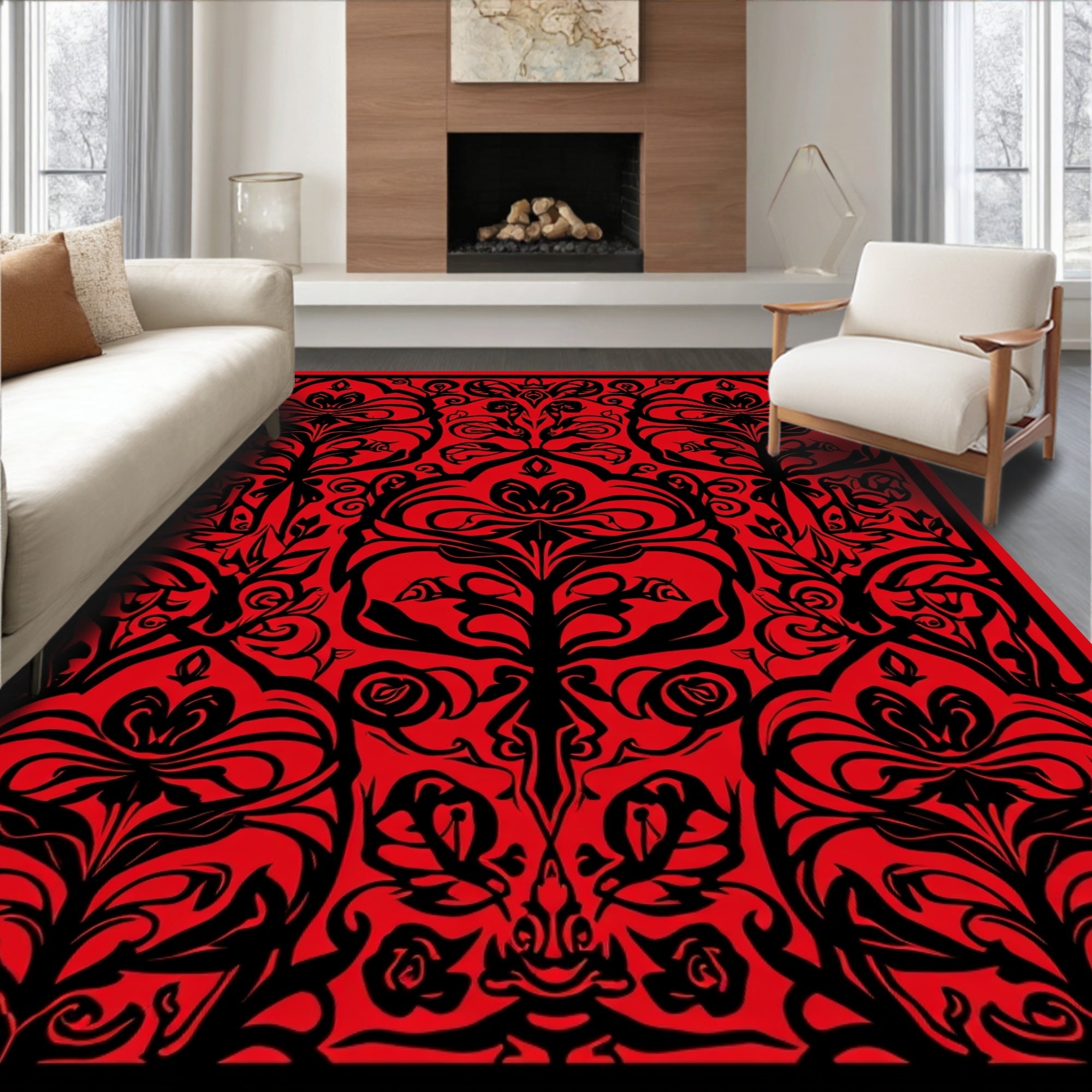 Ornate Black Floral Red Damask Pattern Rug