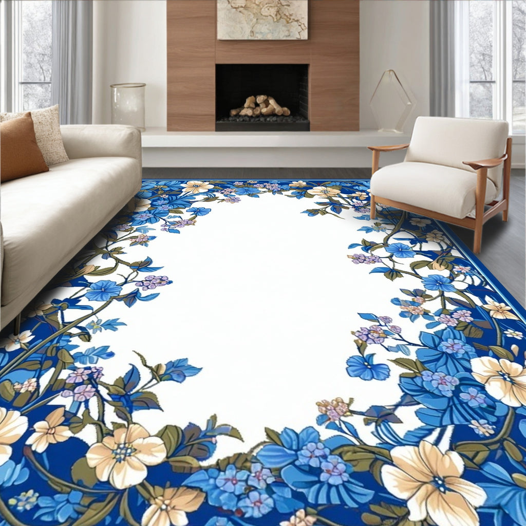 Rich Blue Floral Vine Pattern Rug