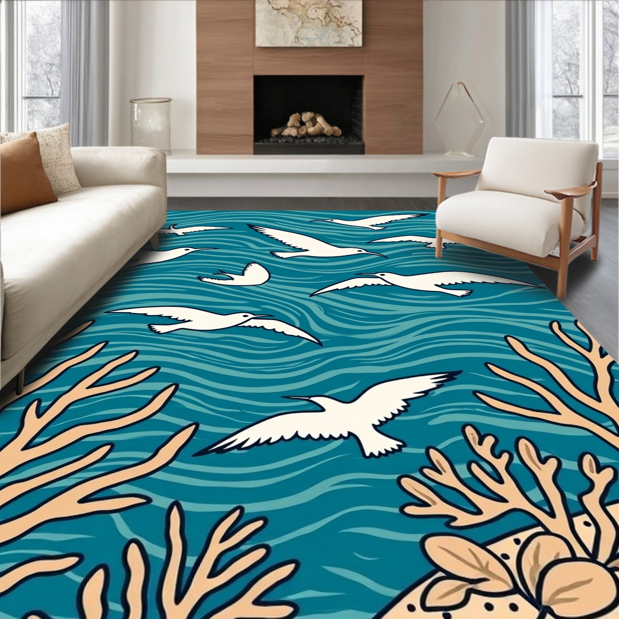 Ocean Bird Coral Abstract Pattern Rug