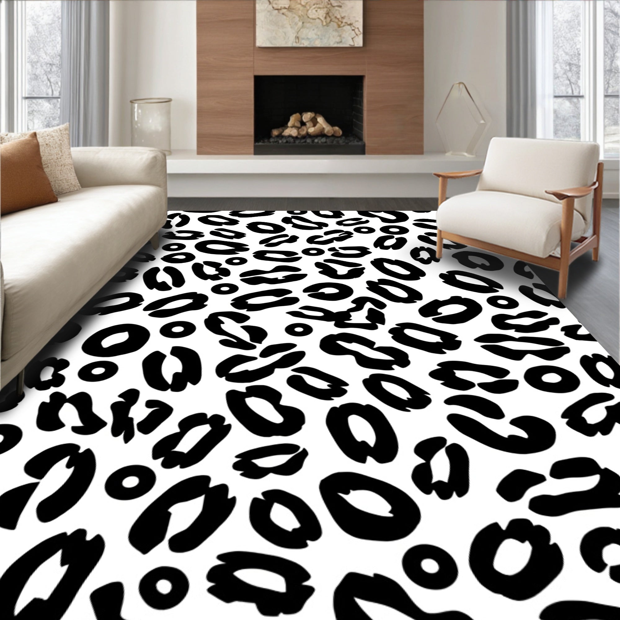 Bold Black White Leopard Print Pattern Rug
