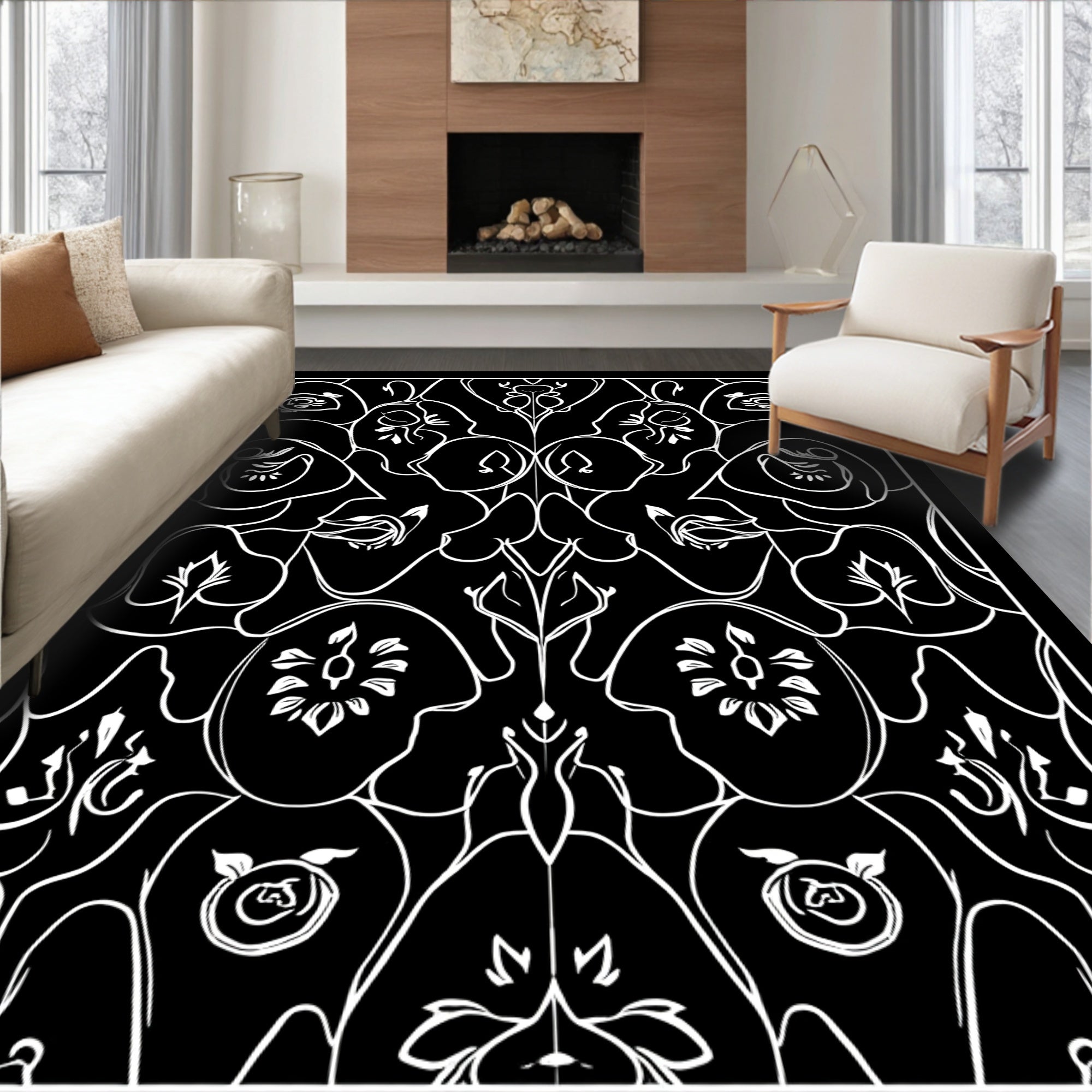 Art Nouveau Black White Floral Pattern Rug