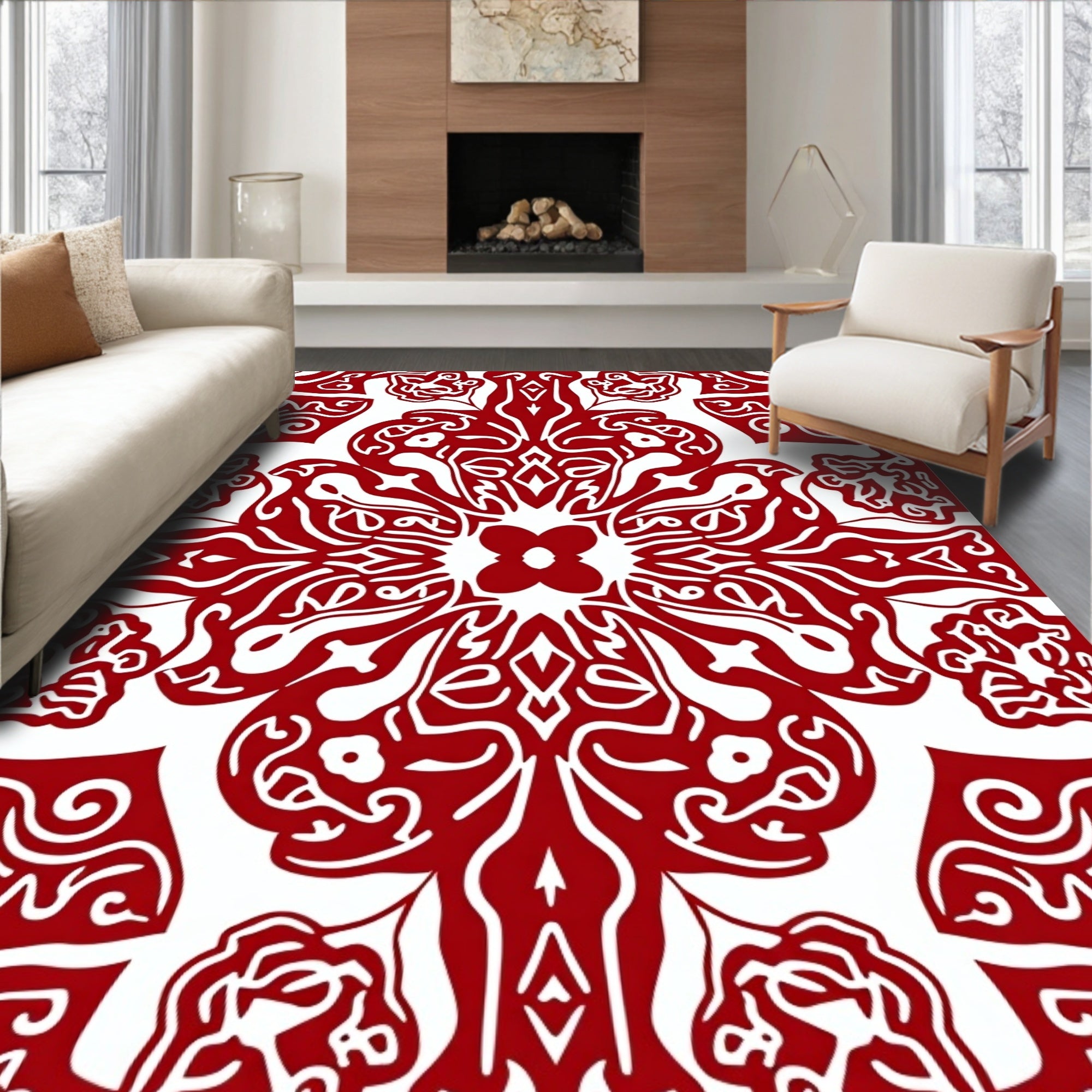Elegant Red Floral Mandala Design Rug