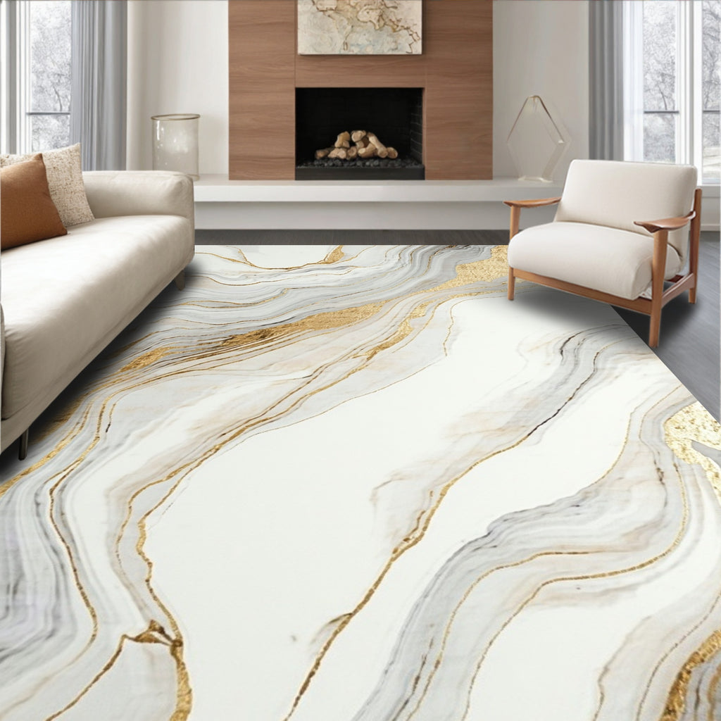 White and Gold Fluid Streaks Rug