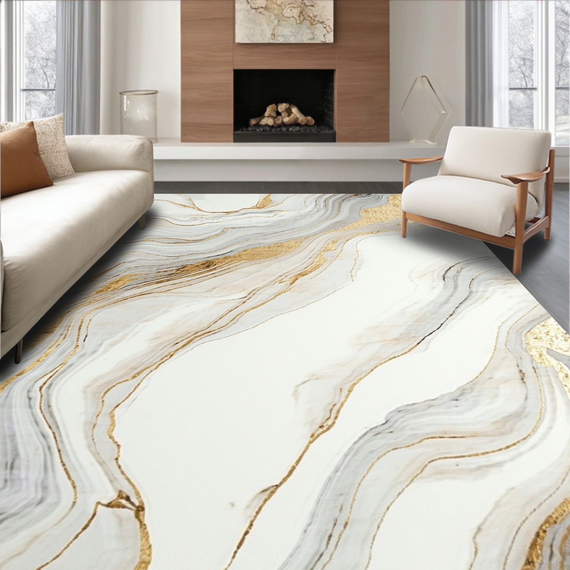 White and Gold Fluid Streaks Rug