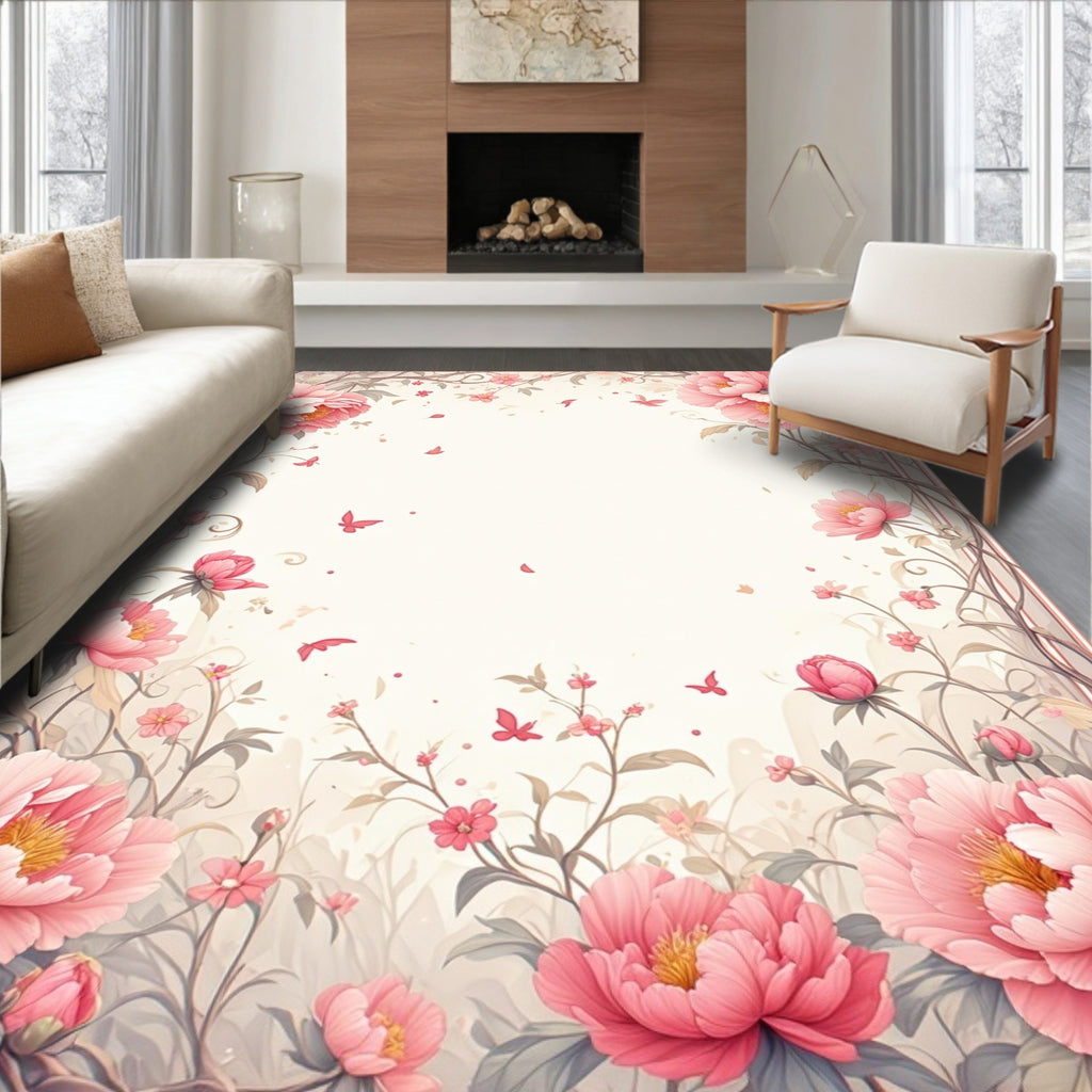 Whimsical Pink Floral Vine Pattern Rug