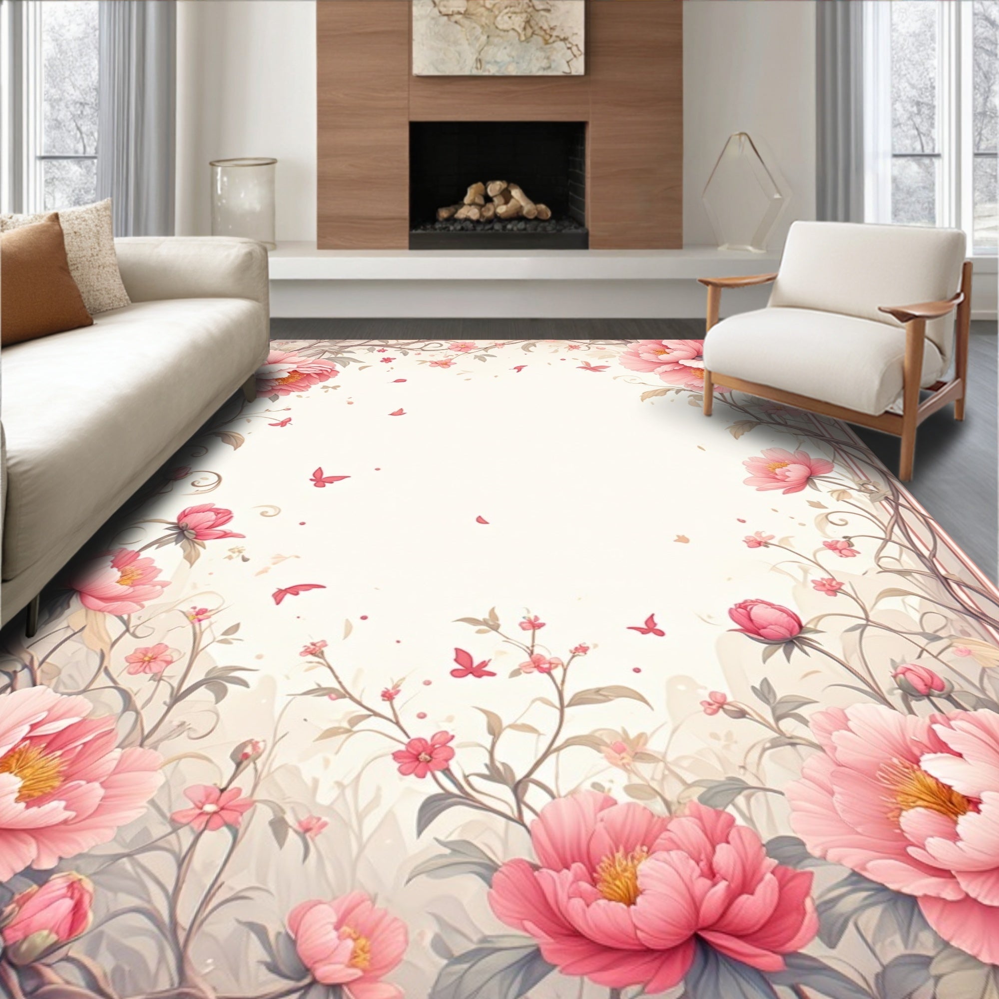 Whimsical Pink Floral Vine Pattern Rug