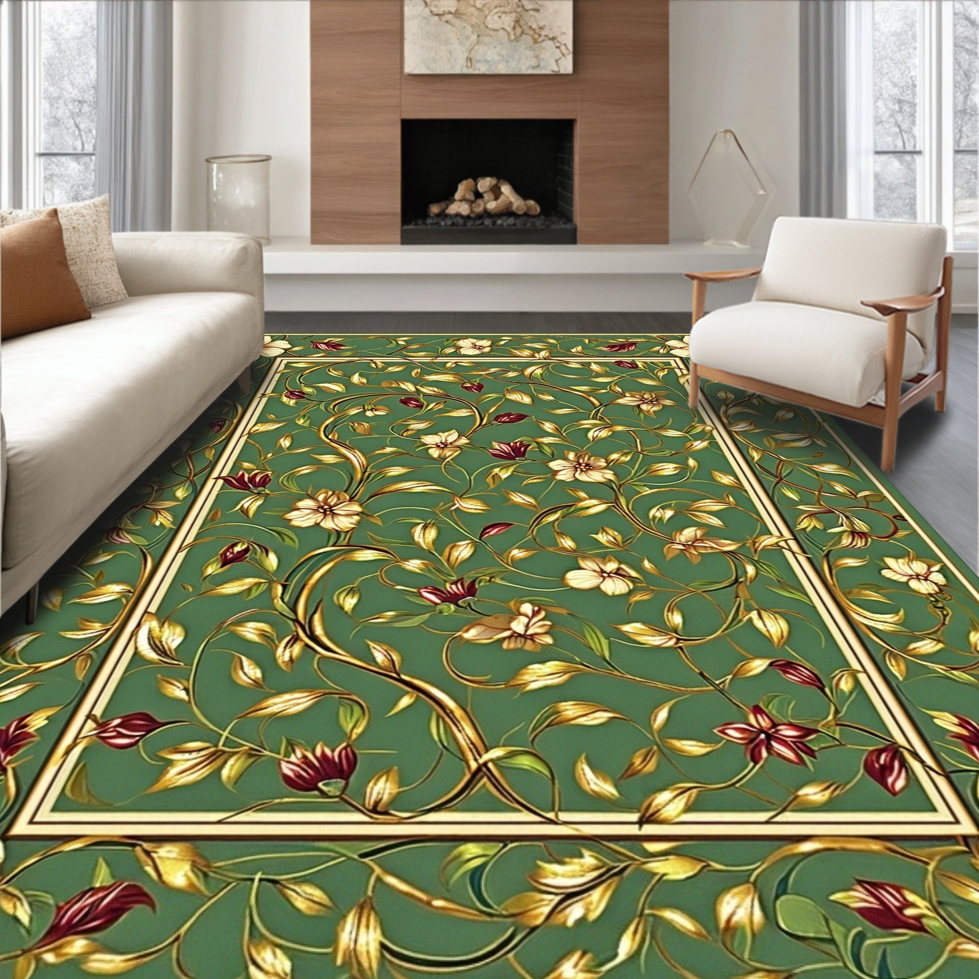 Emerald Floral Vine Detailed Rug