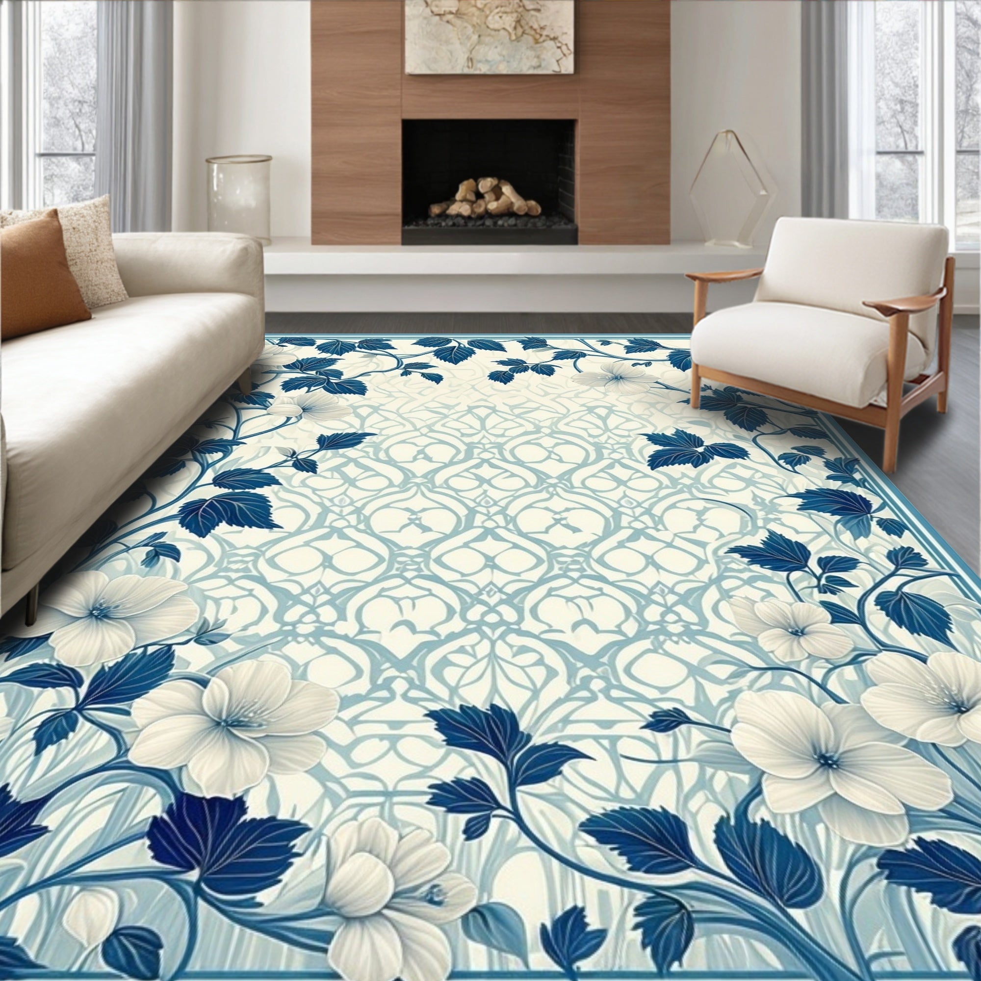 Elegant Blue Floral Pattern Rug