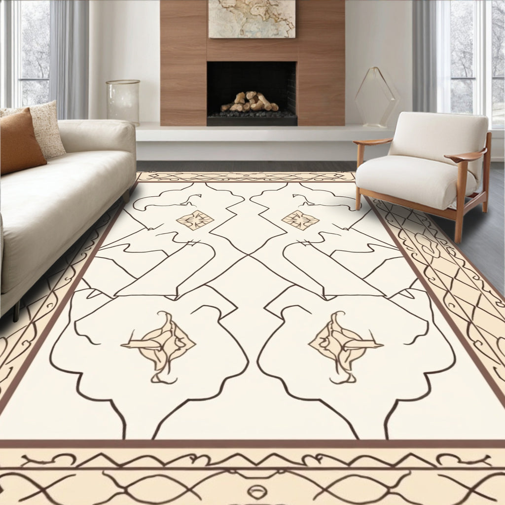 Ornate Cream and Brown Floral Pattern Rug