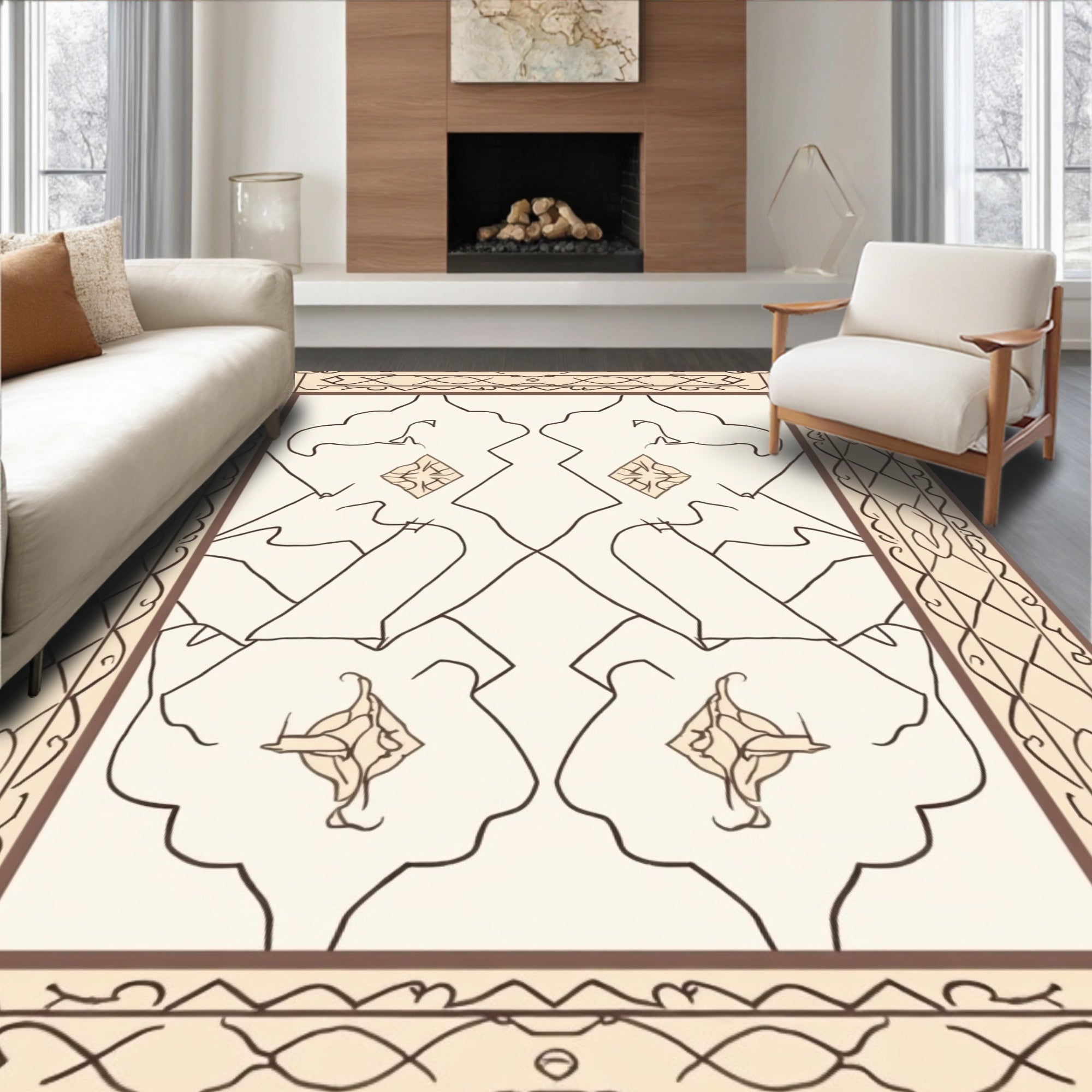 Ornate Cream and Brown Floral Pattern Rug